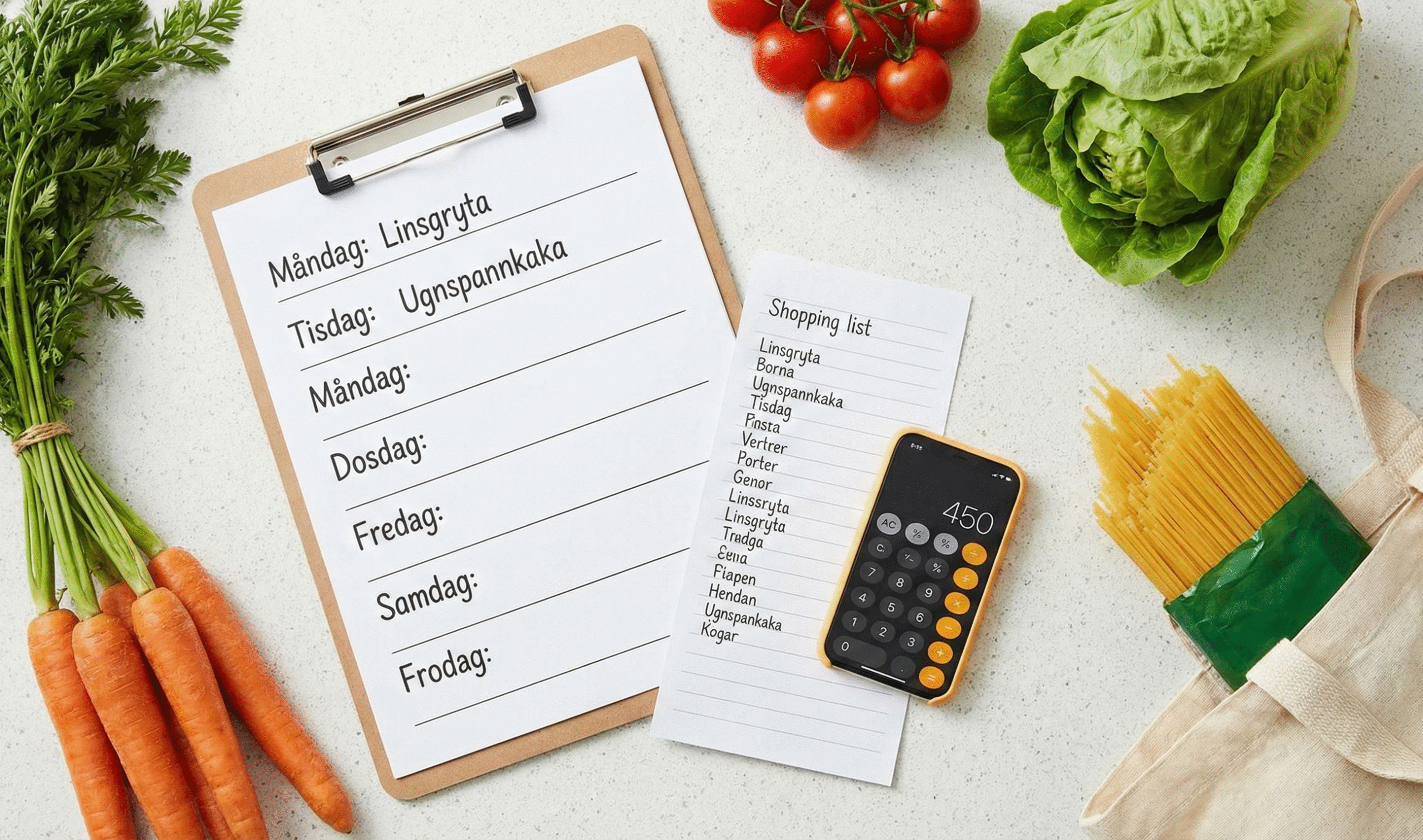 En veckomatsedel på ett skrivblock, en inköpslista, färska grönsaker, pasta och en miniräknare som visar låga matkostnader.
