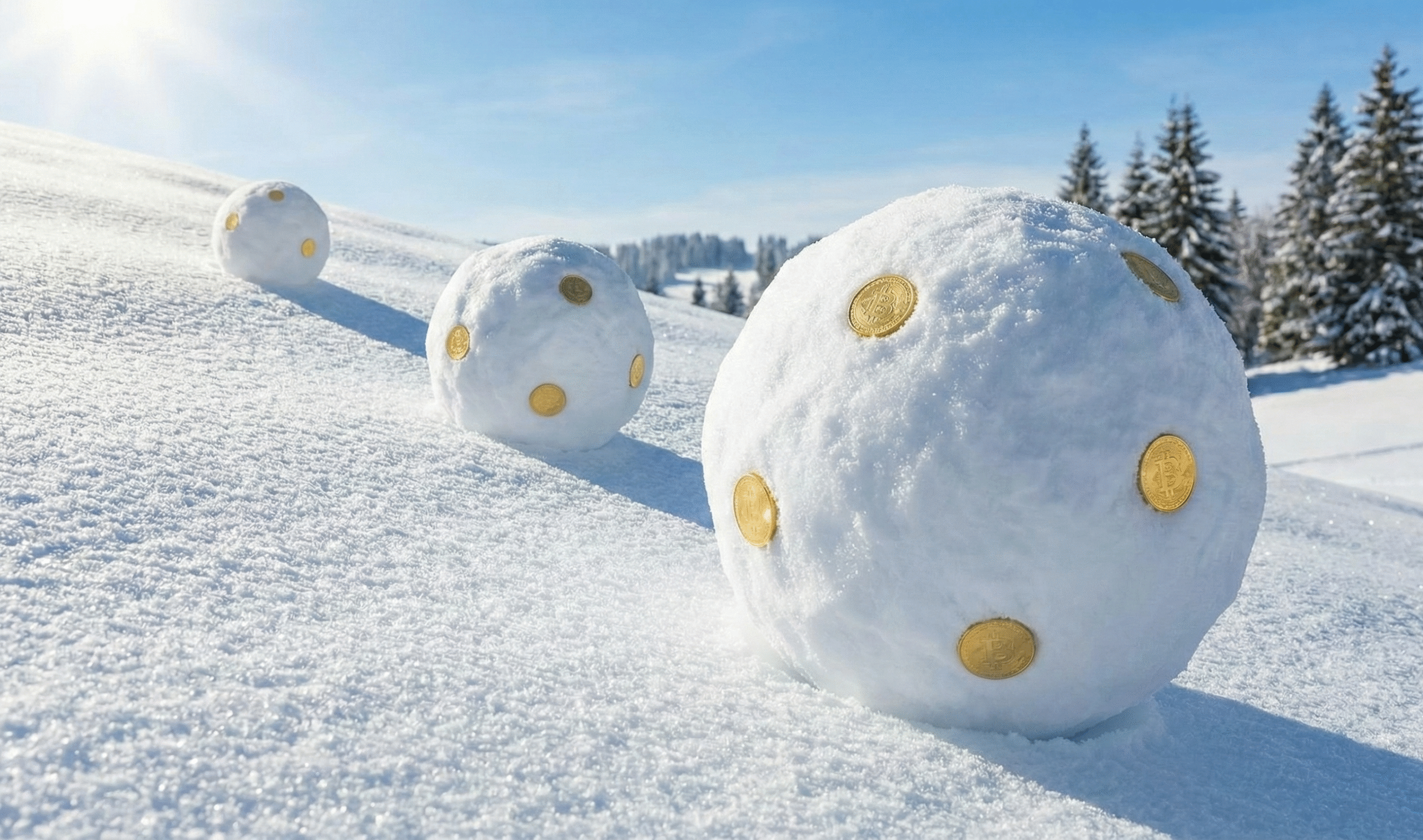 En stor snöboll fylld med guldmynt rullar nerför en snötäckt backe och växer sig större, en illustration av ränta-på-ränta-effekten.