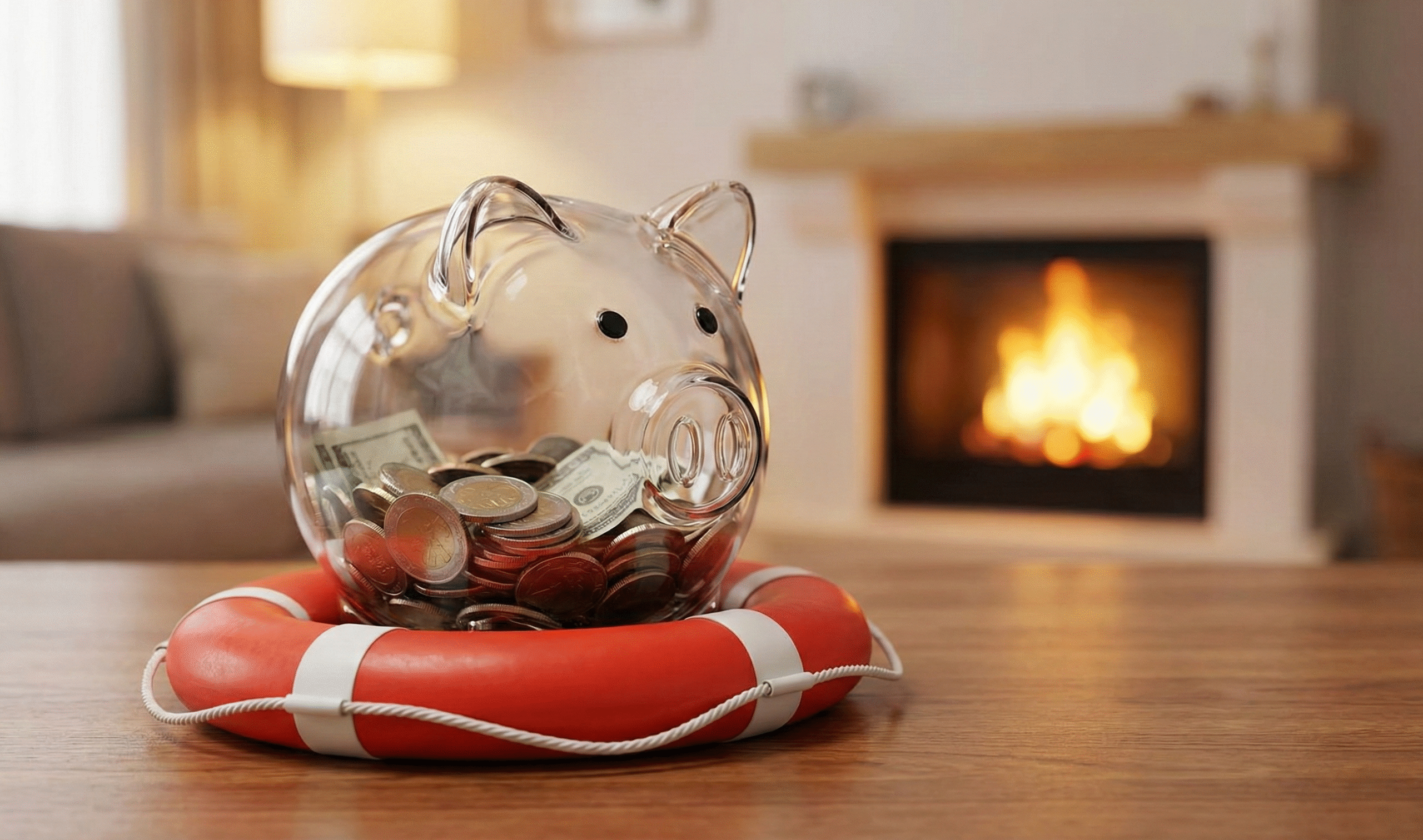 En genomskinlig spargris fylld med mynt och sedlar står i en röd livboj framför en varm brasa, vilket symboliserar tryggheten i ett buffertsparande.