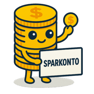 Spara smartast maskot håller i en peng och en skylt det står sparkonto på