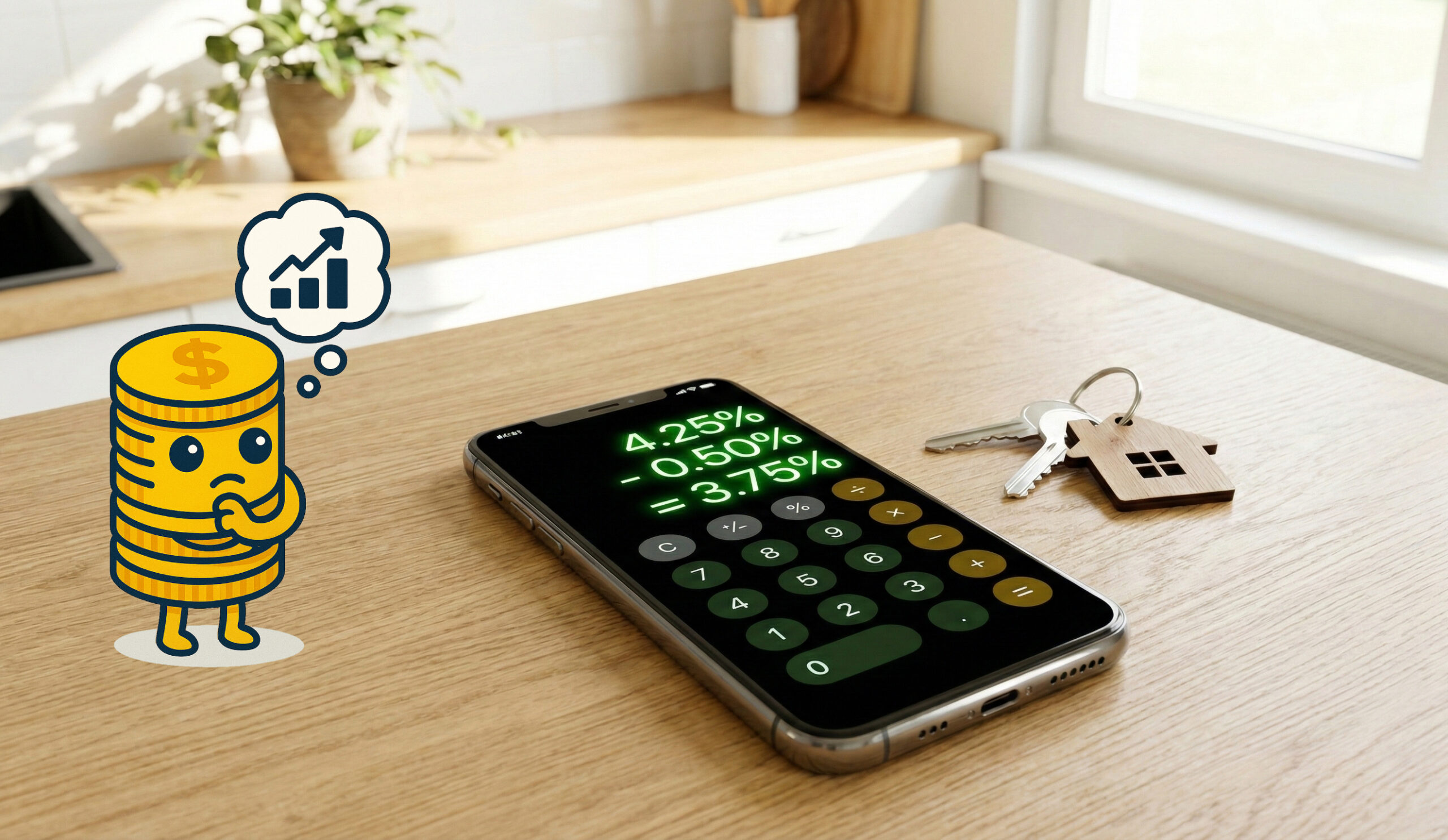 Smartphone med kalkylator bredvid husnycklar, symboliserar beräkning av bolåneränta och boendekostnad.