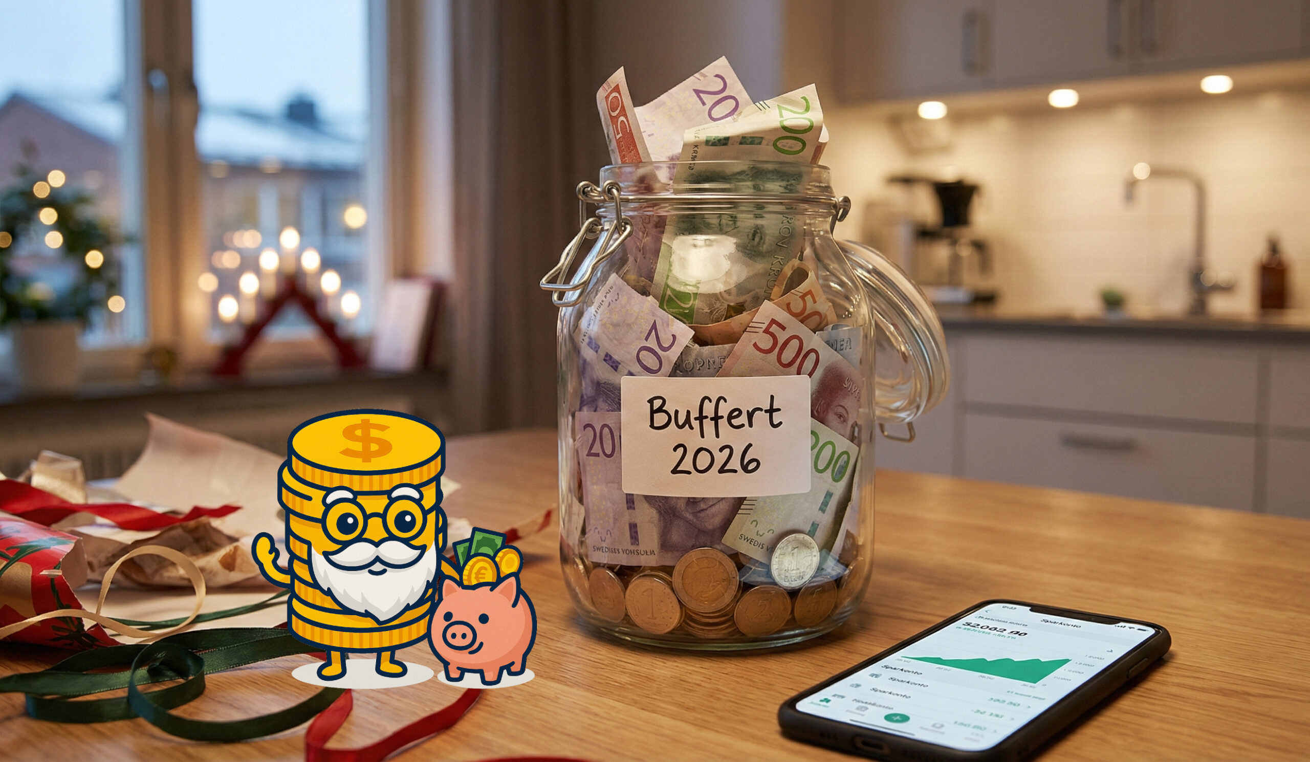 Glasburk märkt Buffert 2026 med svenska sedlar och mynt på ett köksbord efter julen.