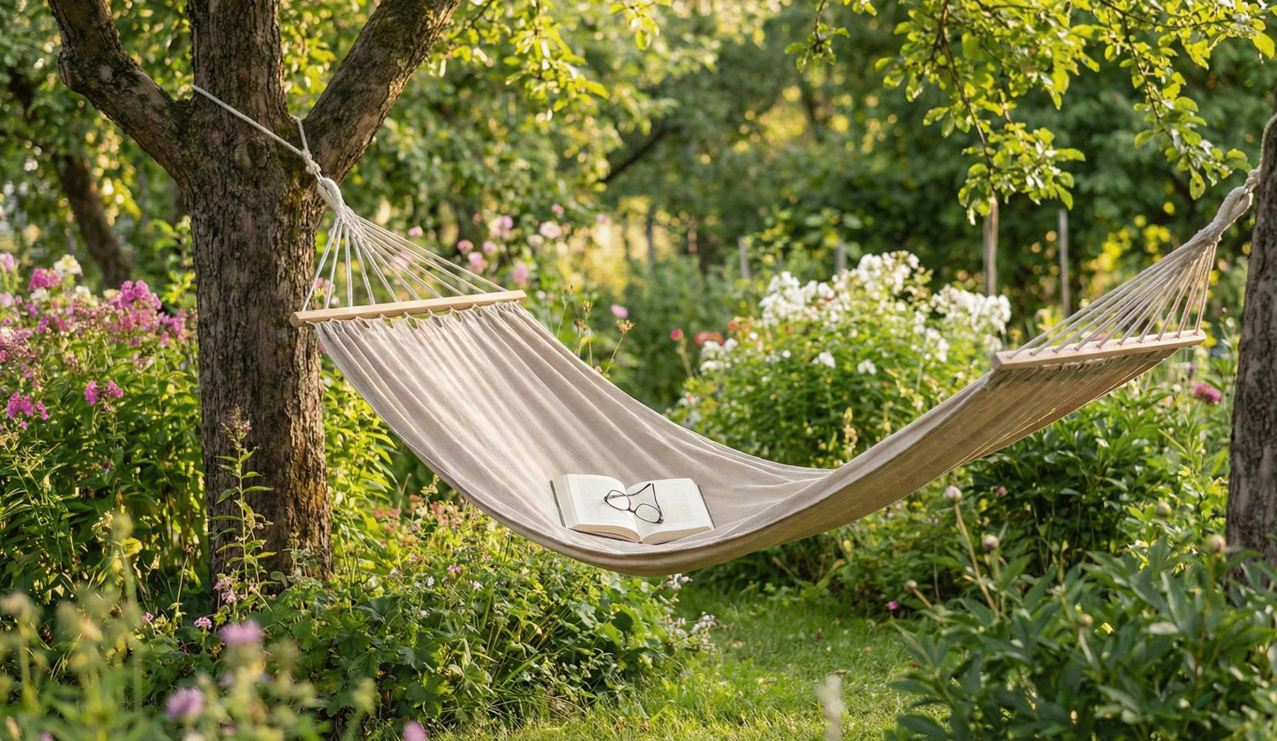 Hängmatta i trädgård med bok och glasögon, symboliserar en trygg och fri pensionstillvaro.