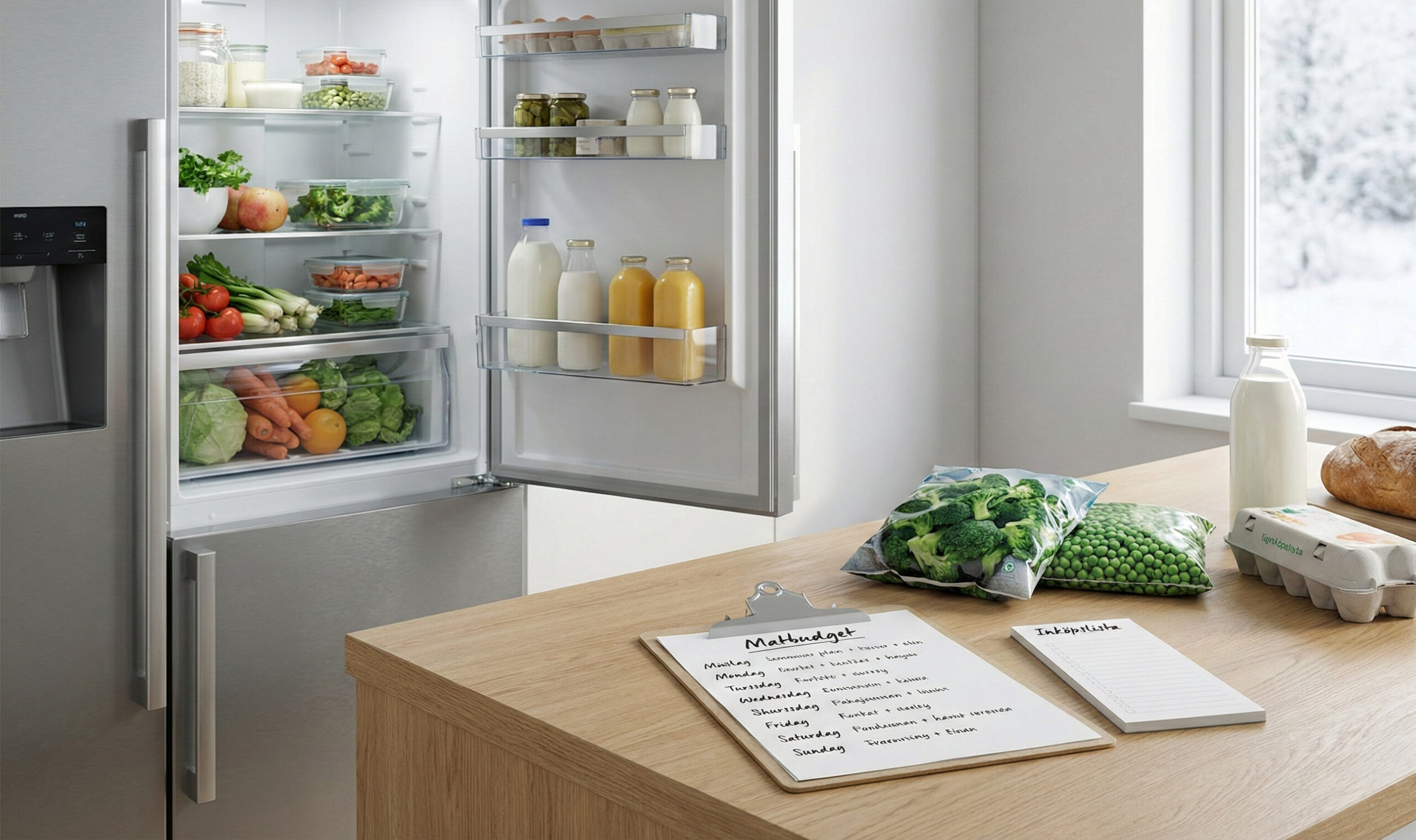 Veckoplan och inköpslista för matbudget 2026 på köksbänk.