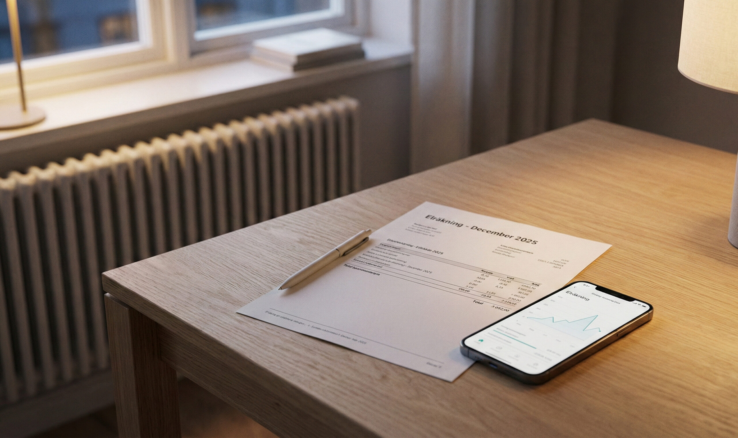 Elavtal 2026 med elräkning och mobil som visar elprisöversikt.