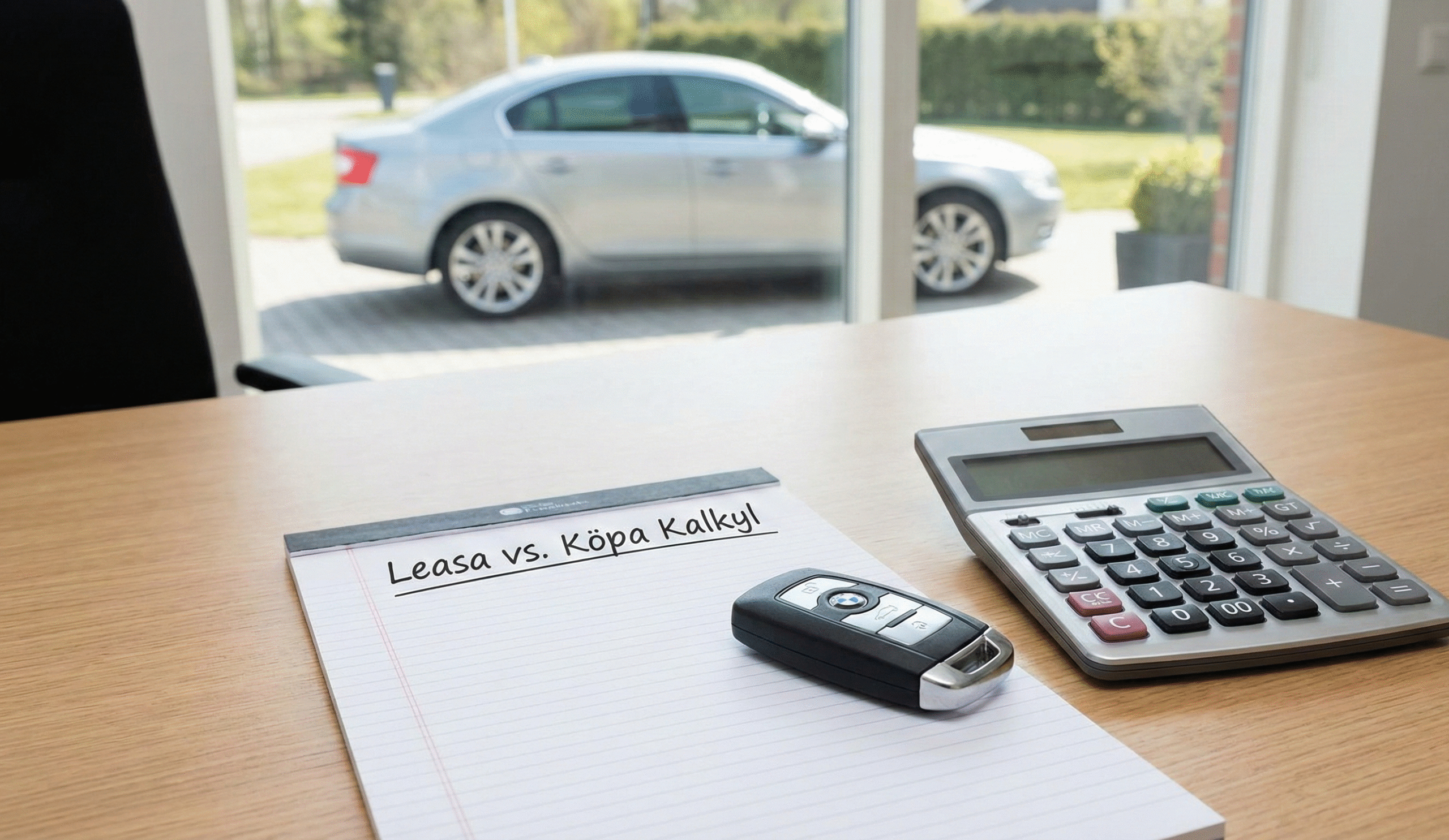 Bilnyckel och miniräknare på bordet, illustrerar kalkylen mellan att leasa eller köpa bil.