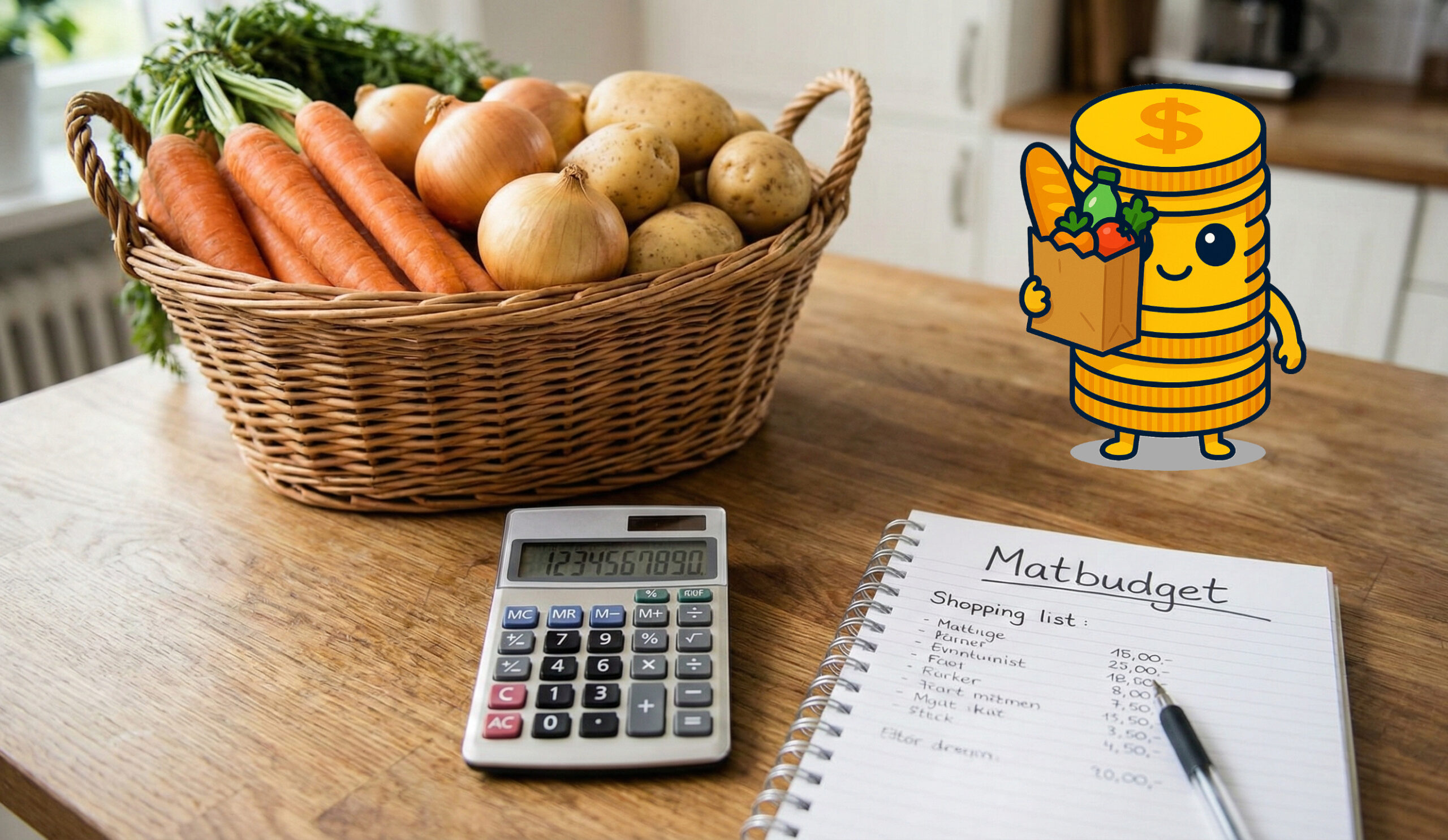 Färska råvaror på en köksbänk bredvid en miniräknare och inköpslista för att illustrera sänkta matkostnader.