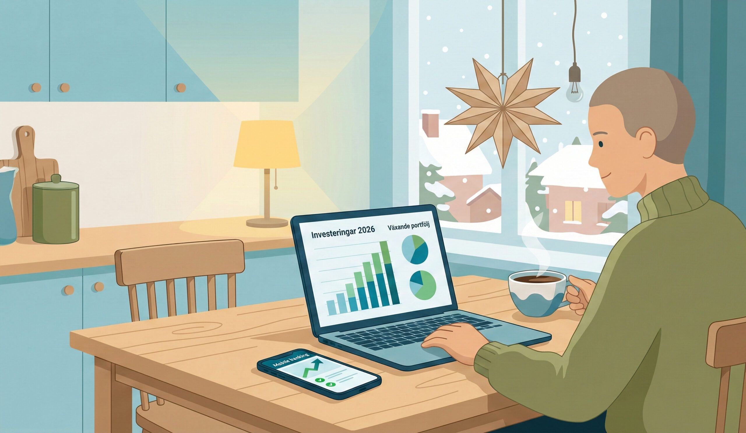 Person som i januari 2026 går igenom sin ekonomi vid köksbordet och börjar investera smart efter julen med dator och mobilbank.