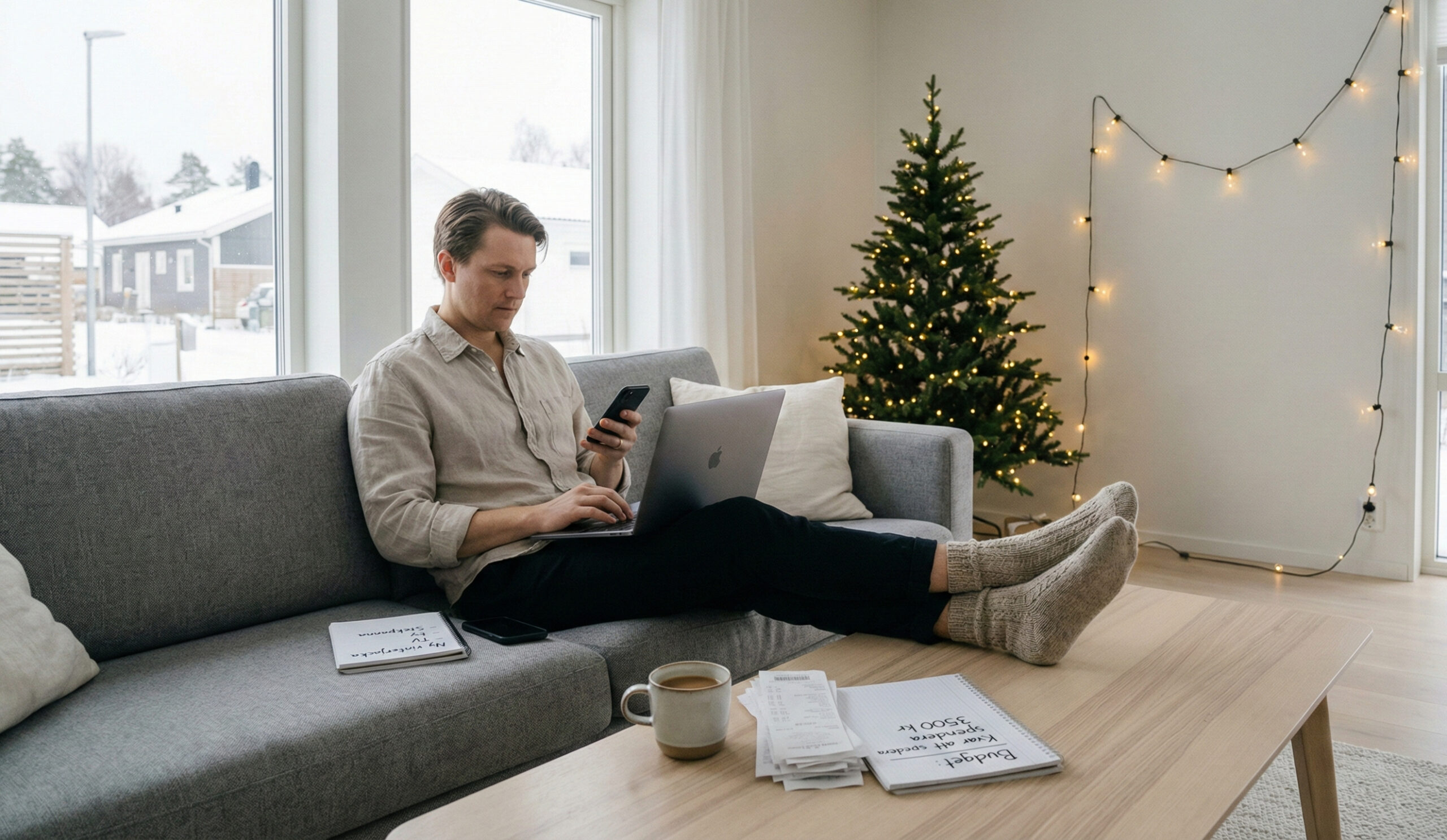 Person som planerar en budget och jämför priser online under mellandagsrean efter julen 2025