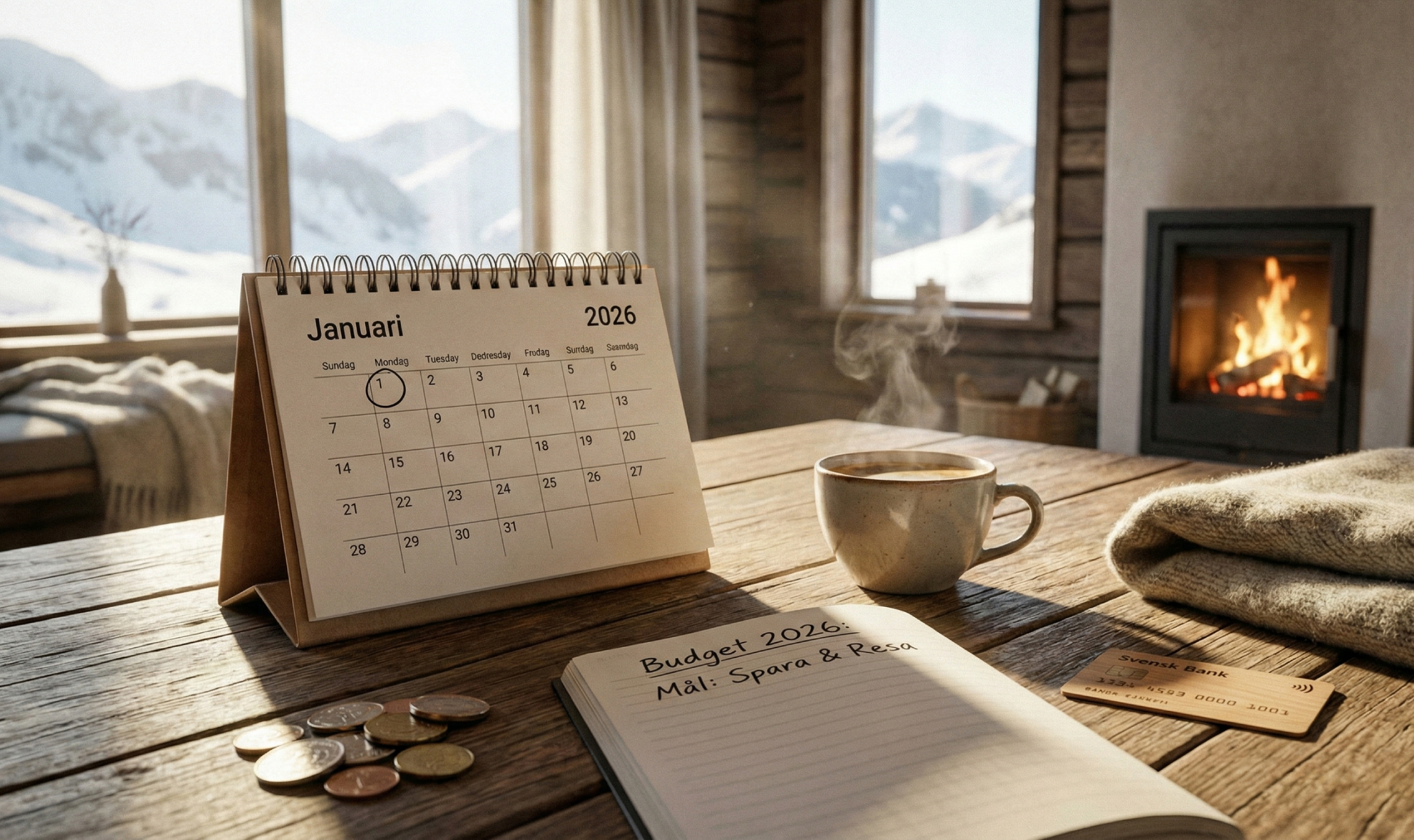 Nyårsplans för privatekonomi med budgetbok och kalender för 2026.