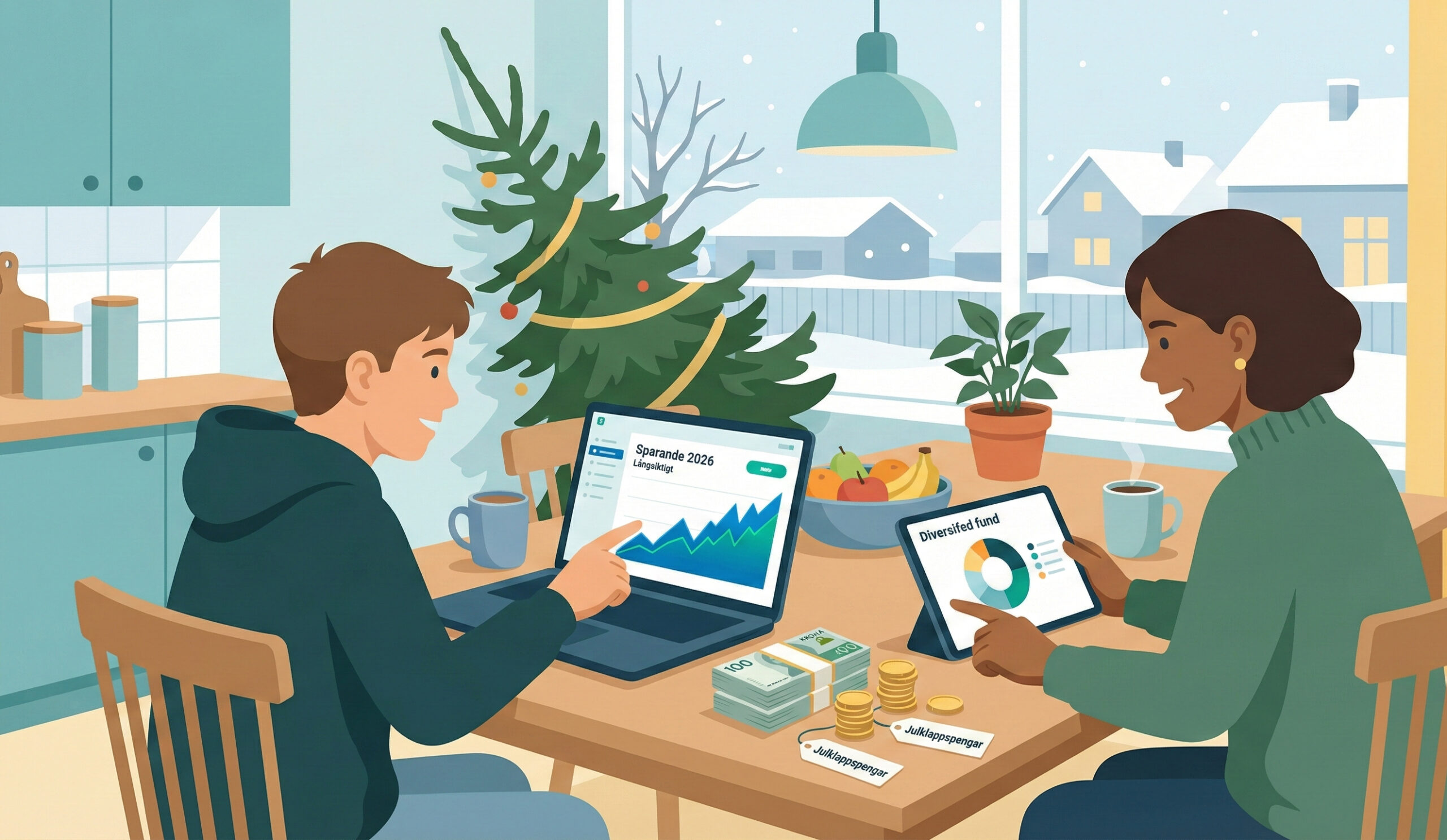 Förälder och tonåring som använder julklappspengar för att börja spara i aktier vid köksbordet i januari 2026.