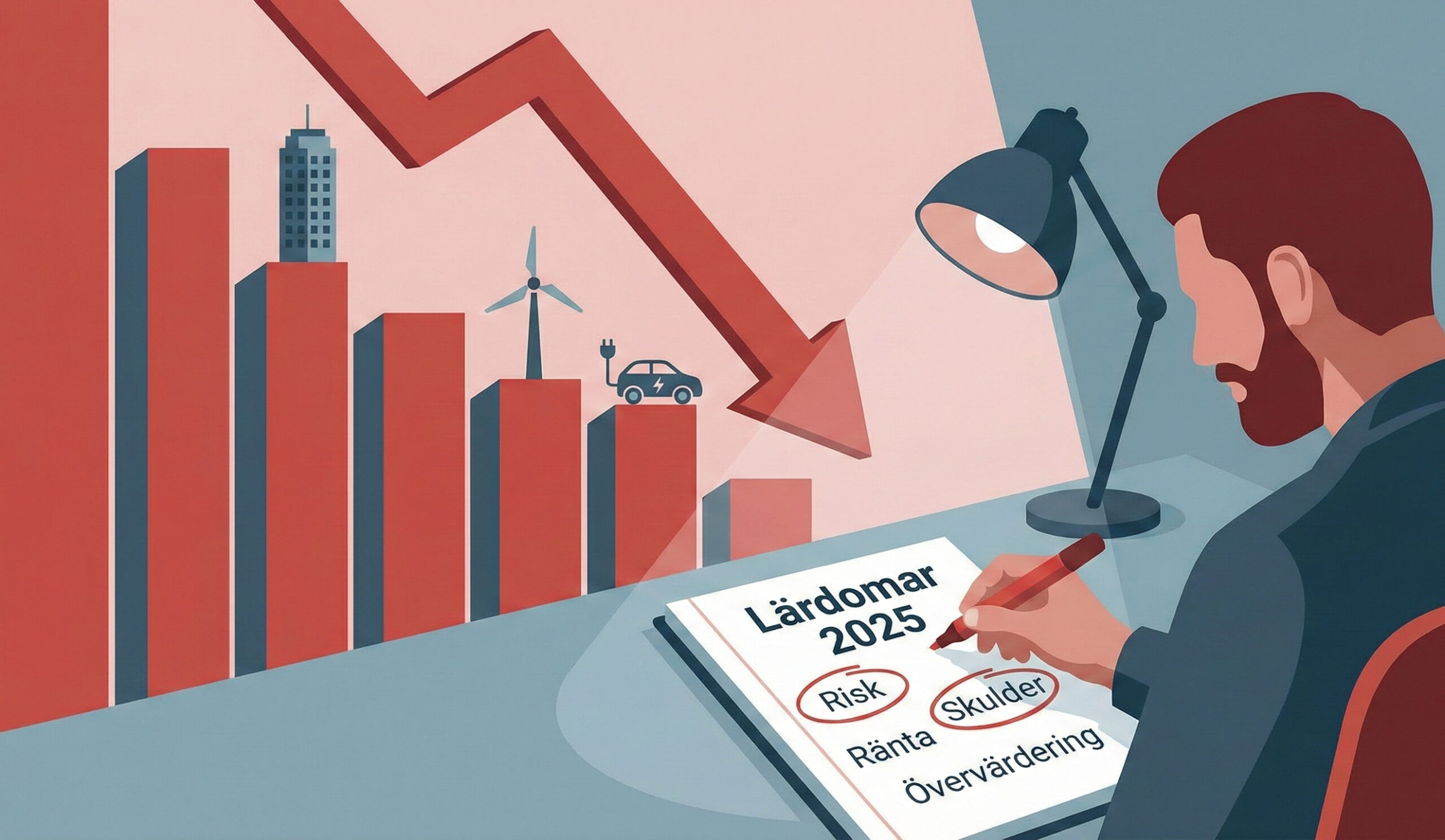 Illustration av aktier som blivit förlorare 2025 med nedåtgående börsgraf, symboler för fastigheter, grön energi och tech samt en småsparare som analyserar sina lärdomar.