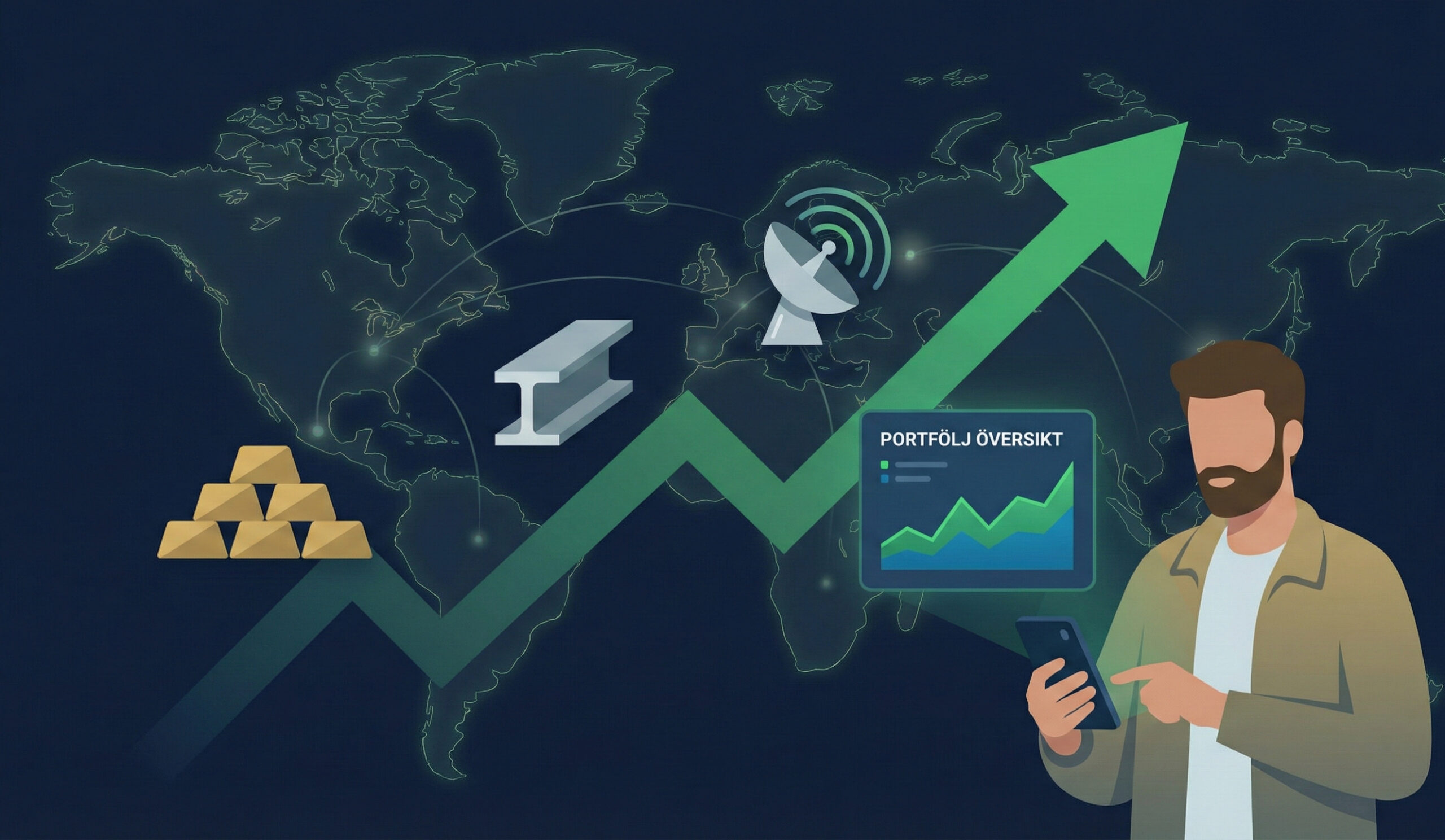 Illustration av småsparare som tittar på aktier vinnare 2025 med symboler för guld, stål och försvar framför en stigande börsgraf.