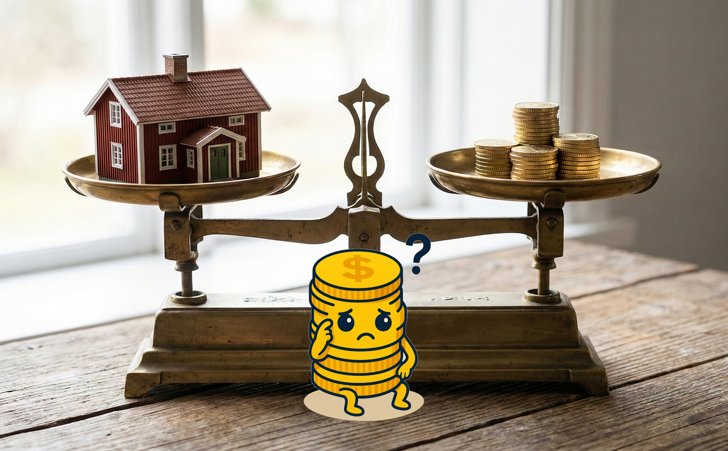 Balansvåg som väger hus mot pengar, illustrerar valet mellan amortering och sparande.