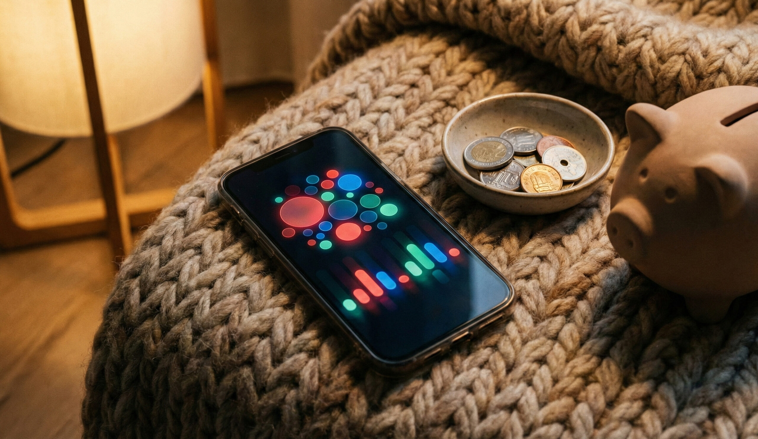 Mobiltelefon på en filt med abstrakt budgetgraf och en liten spargris bredvid.