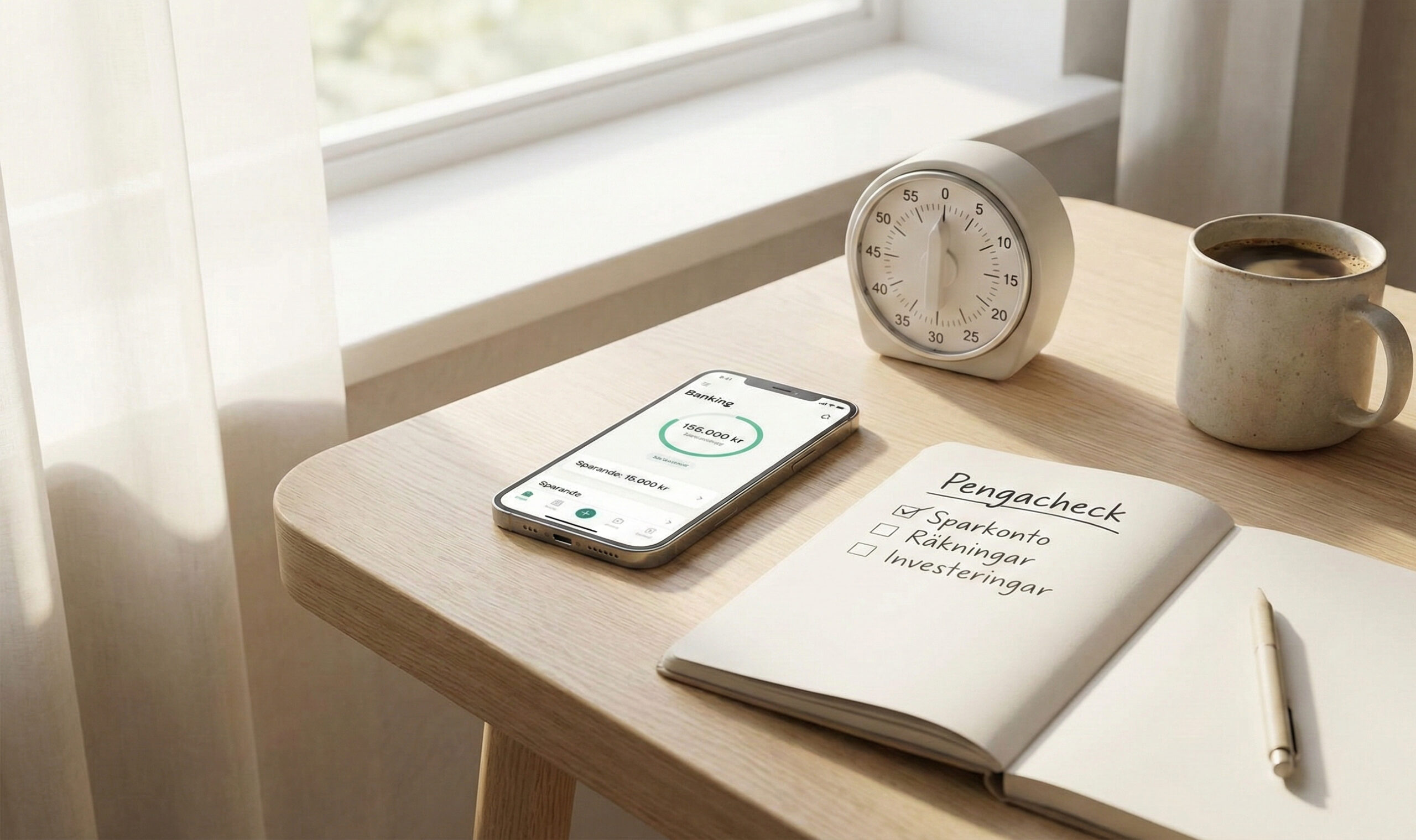 Pengacheck i januari med bankapp, timer och checklista på bord.