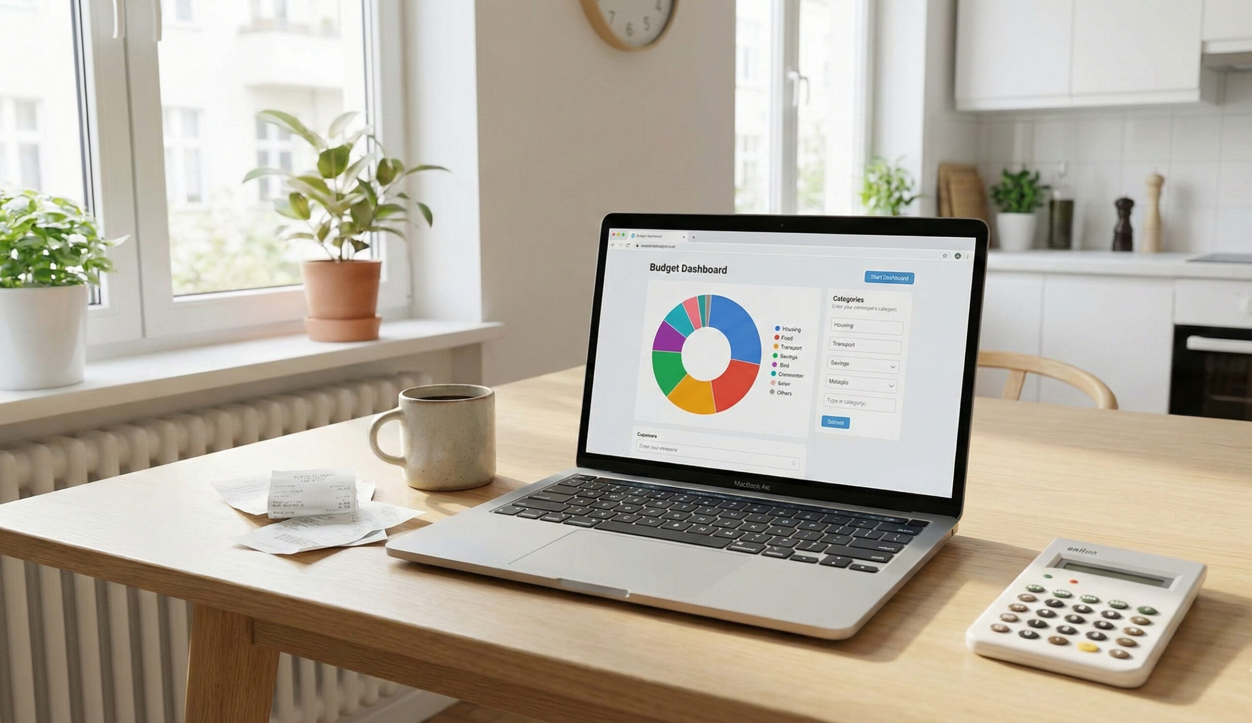 Budgetverktyg i webbläsaren med graf över utgiftsfördelning på en laptop vid ett köksbord.