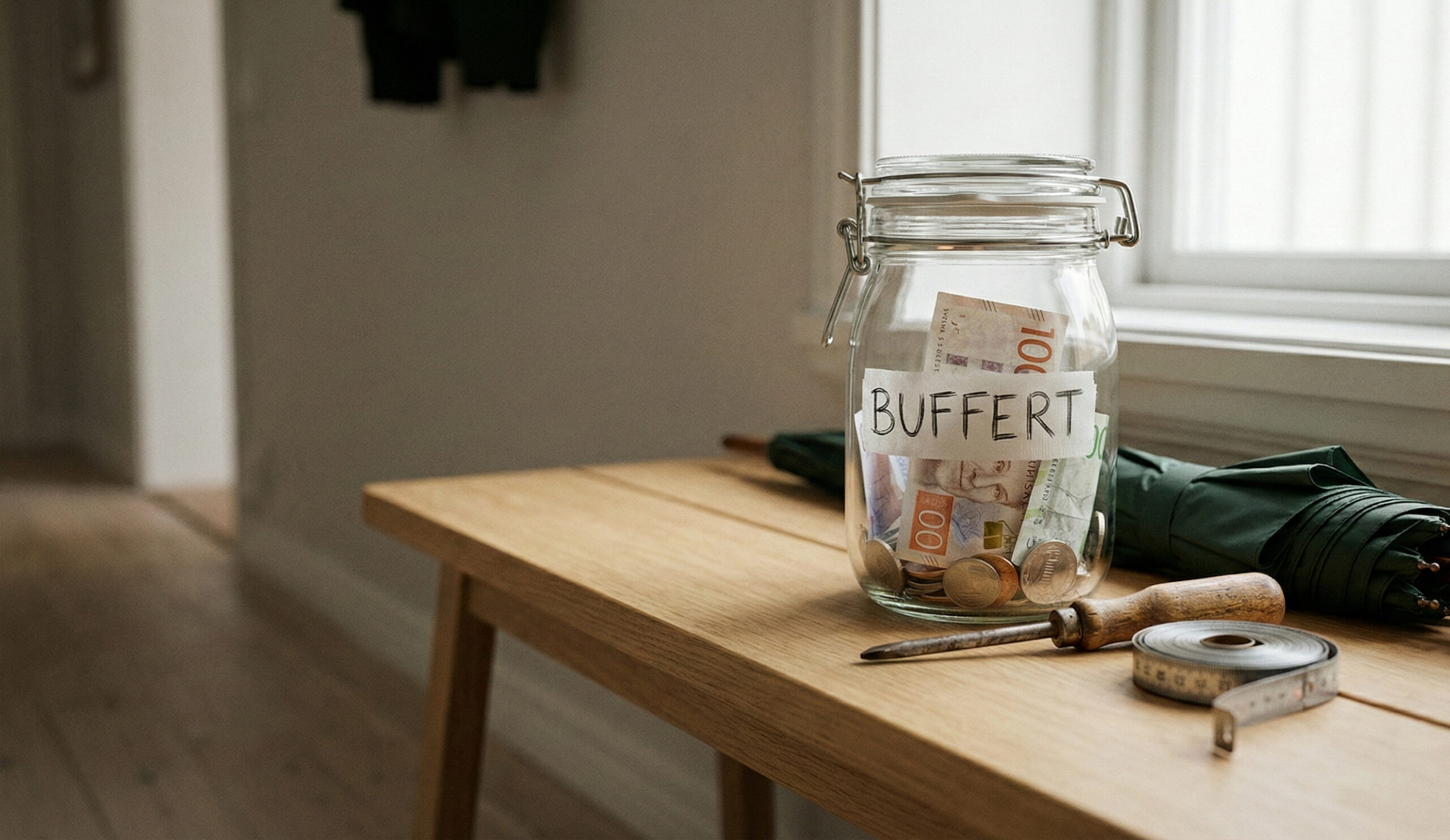Glasburk märkt “BUFFERT” bredvid verktyg och paraply som symbol för ekonomisk trygghet.