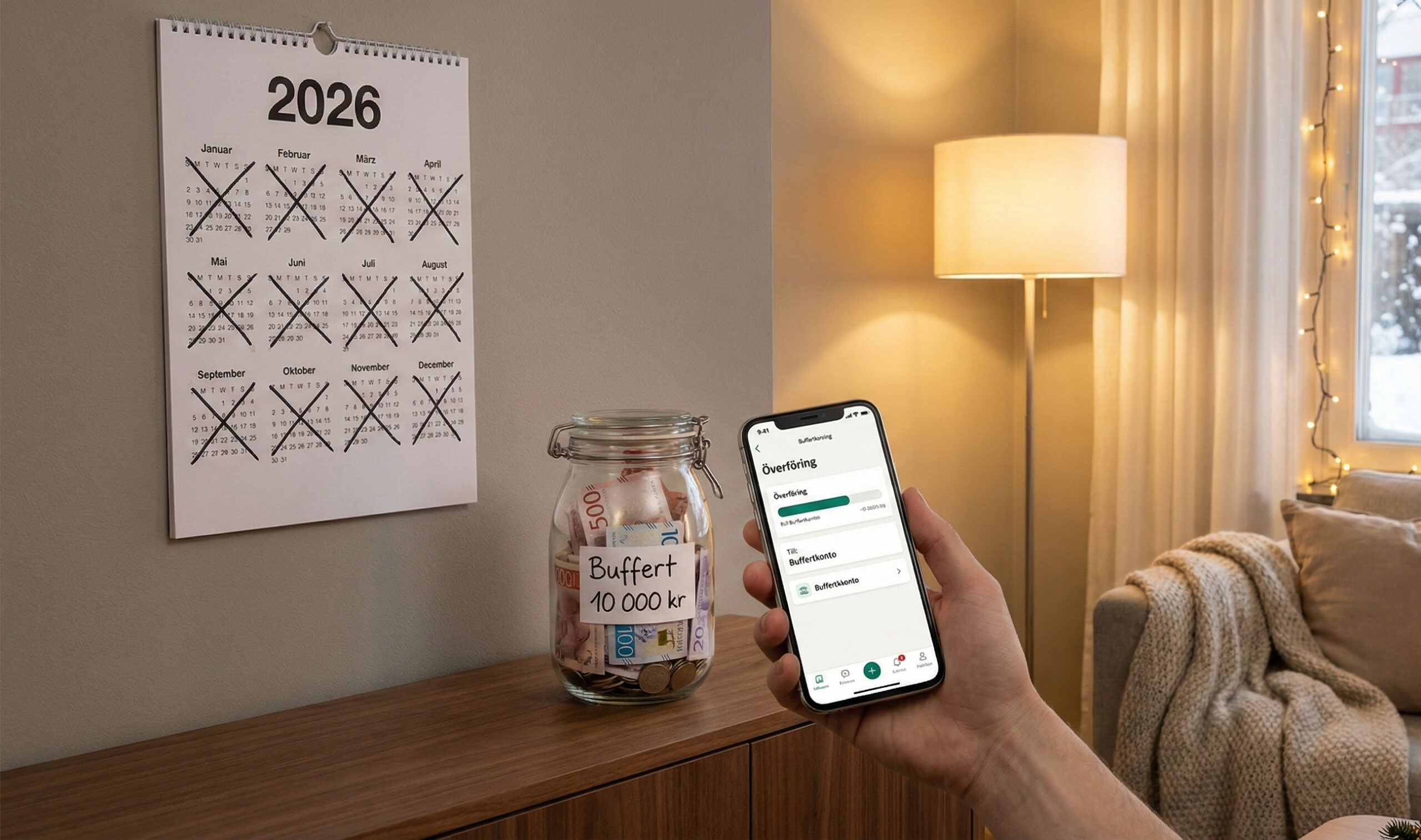 En person håller i en telefon med överföring till buffertsparande med en kalender i bakgrunden som visar slutet av 2026.