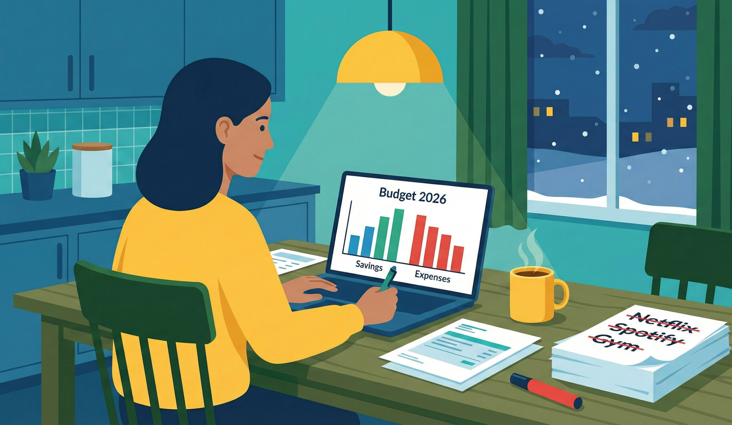 Person som gör ekonomistädning efter jul vid köksbordet genom att gå igenom räkningar, budget och abonnemang inför privatekonomin 2026.