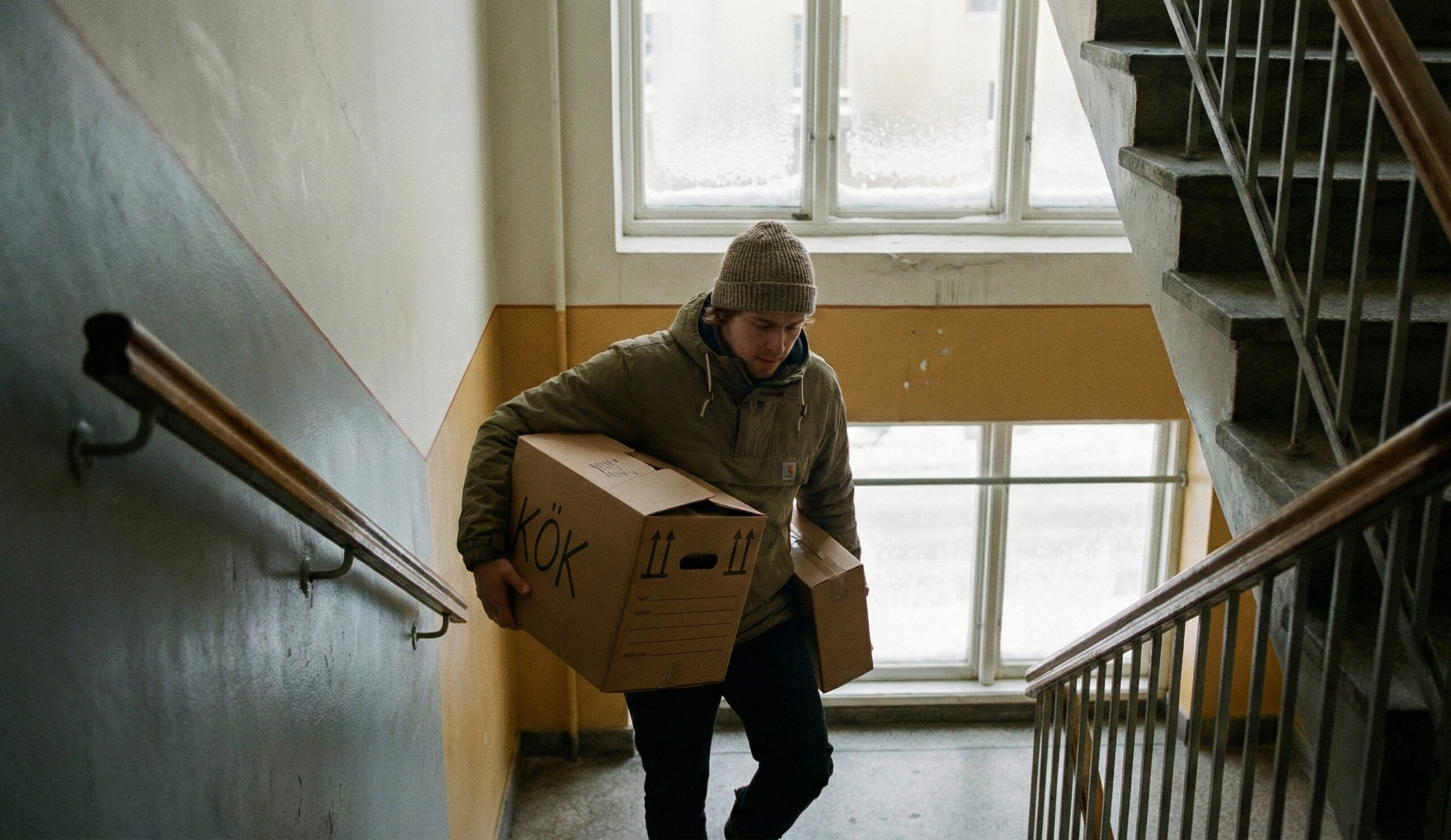 Person bär flyttkartonger i trapphus vid flytt till första boendet 2026.