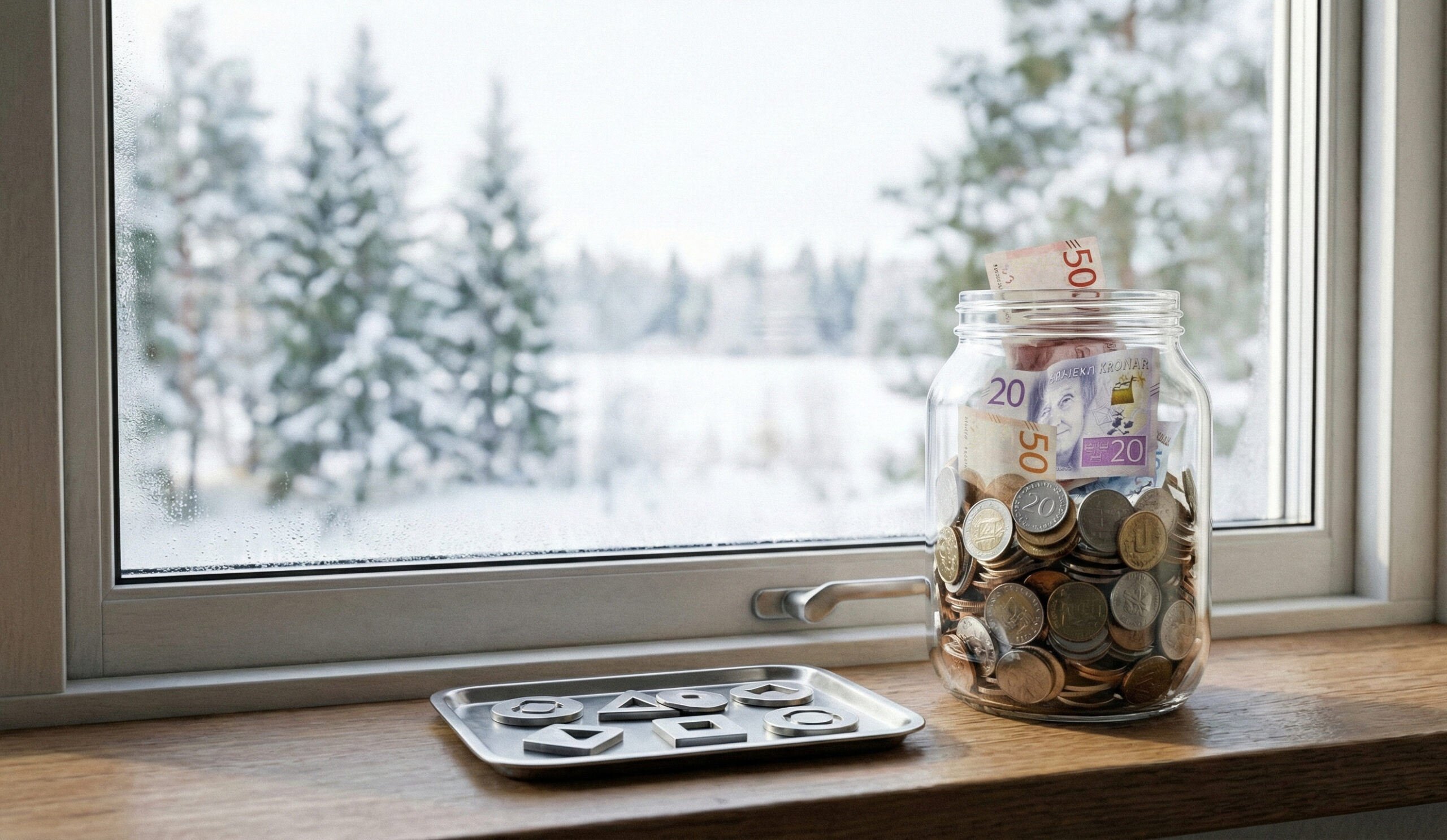 Glasburk med svenska mynt vid ett fönster en vinterdag.