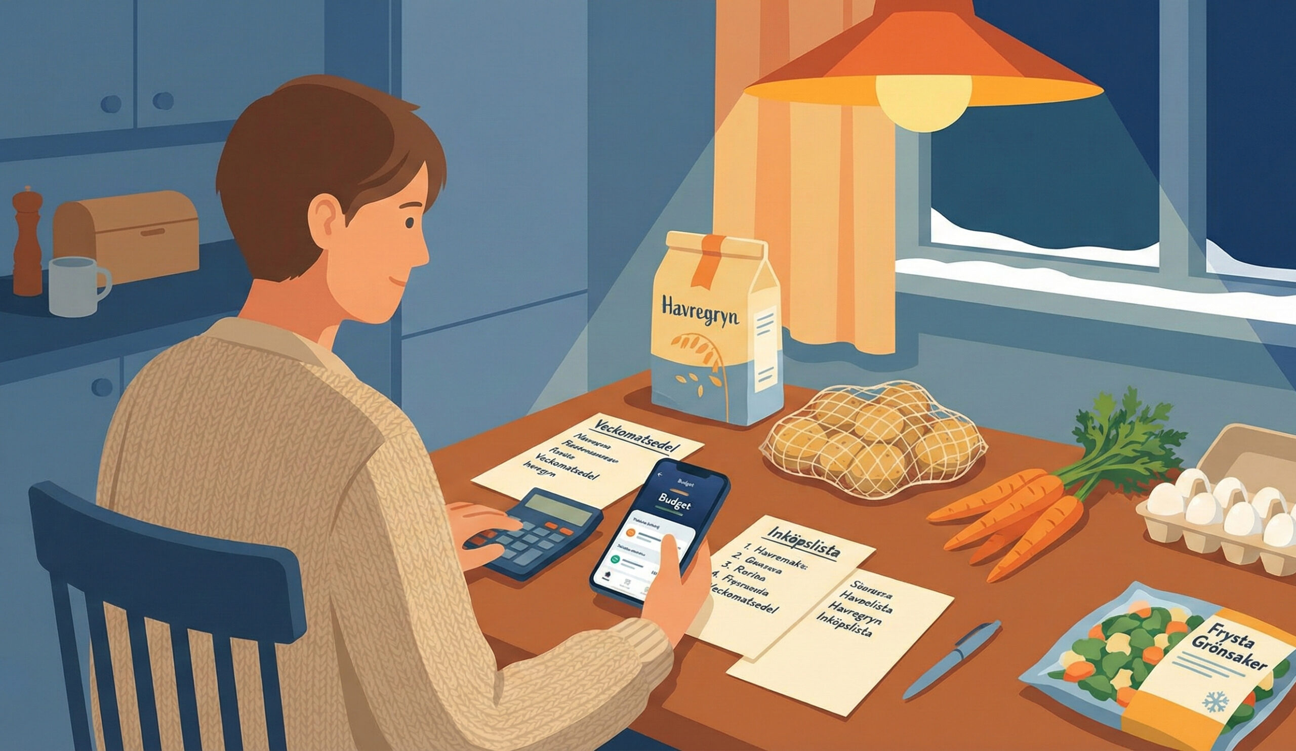 Person som planerar en billig veckomatsedel för januari vid köksbordet med inköpslista och billiga basvaror efter en dyr december.