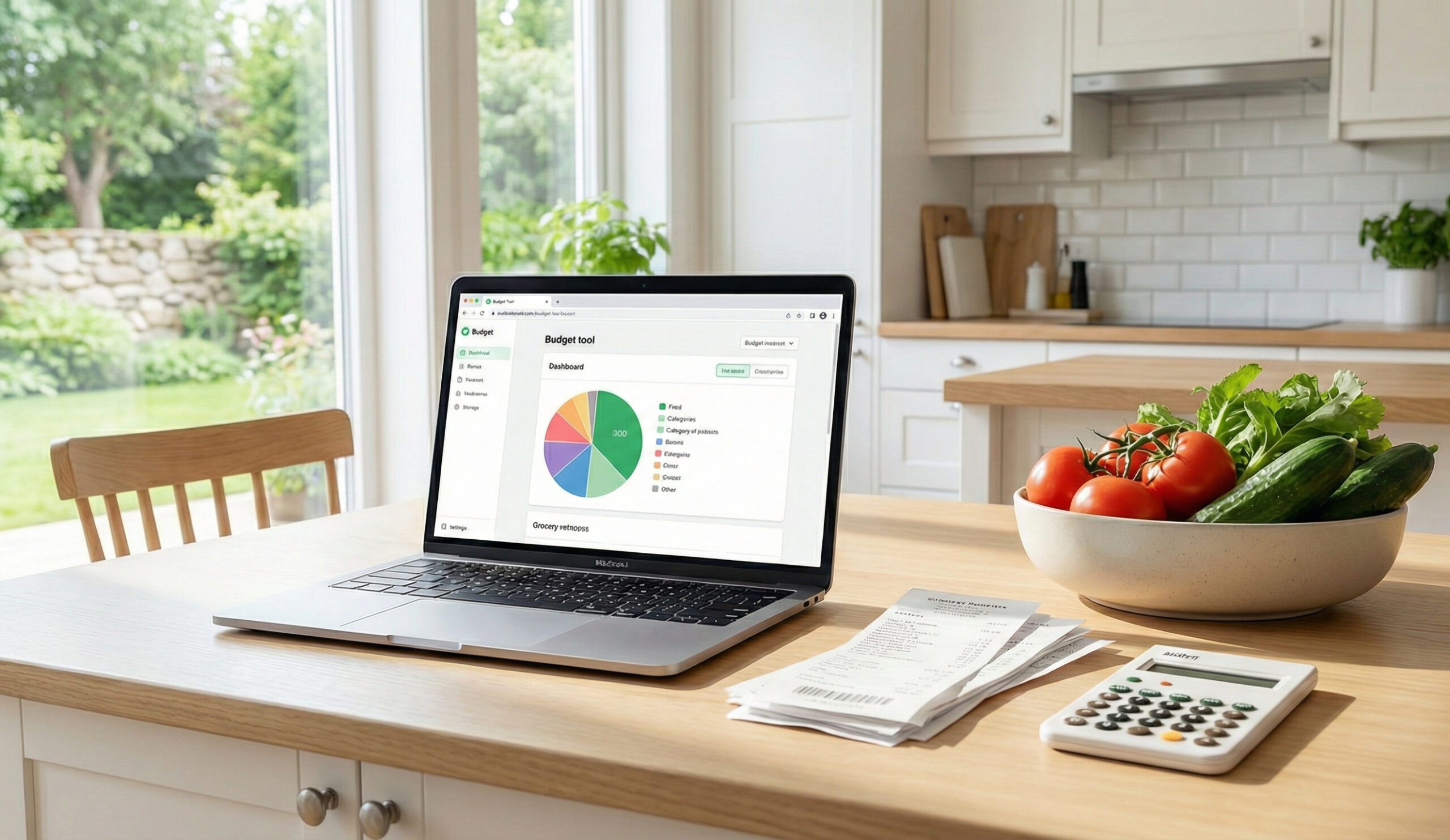 Kvitton och miniräknare på köksbord bredvid laptop med budgetverktyg och cirkeldiagram för matkostnader.