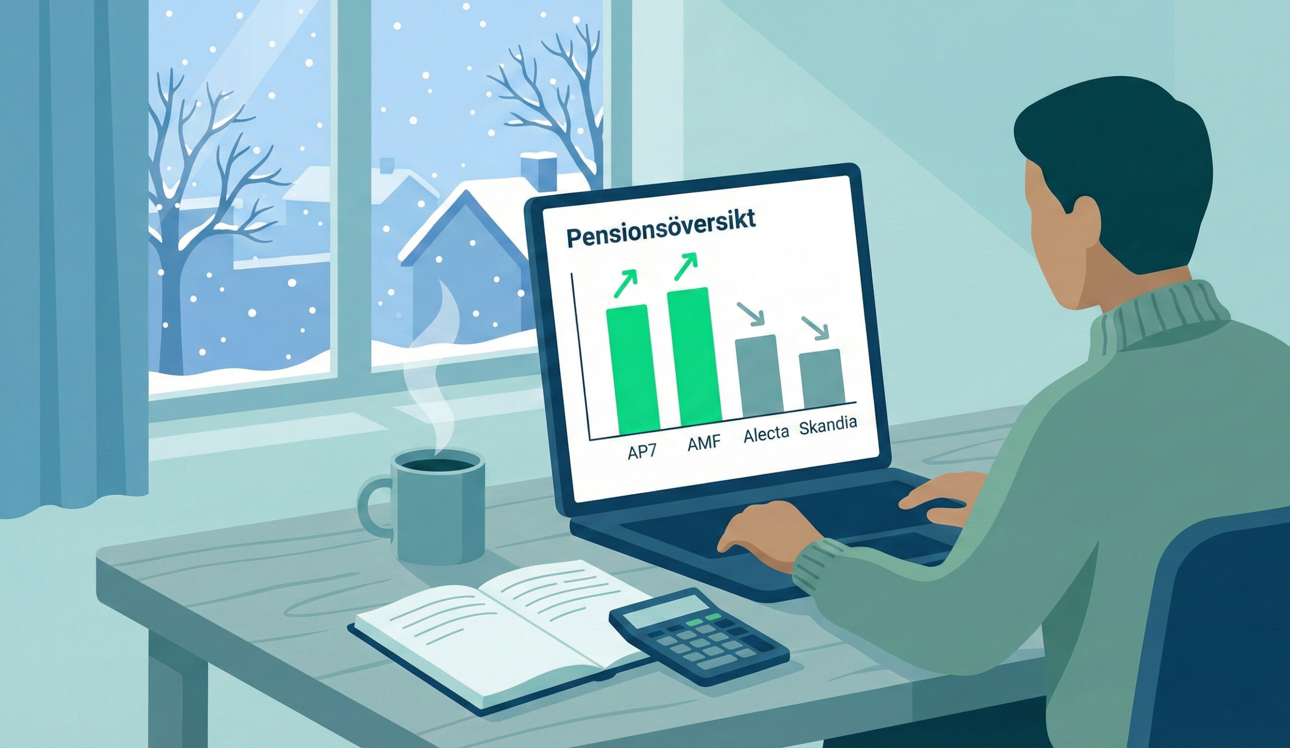 Person som jämför pensionssparande hos AP7, Alecta, AMF och Skandia på datorn för att se vinnare och förlorare 2025.