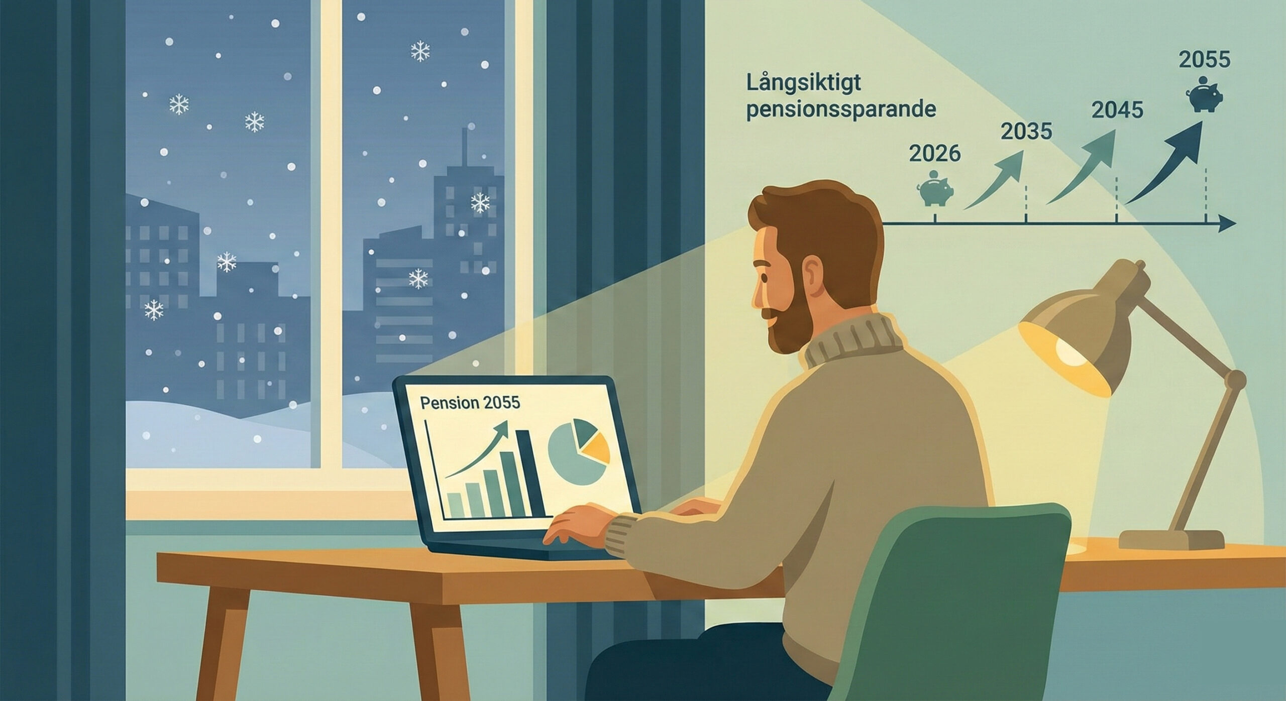 Person som planerar sitt pensionssparande 2026 vid skrivbordet med dator och pensionsprognos efter årsskiftet.