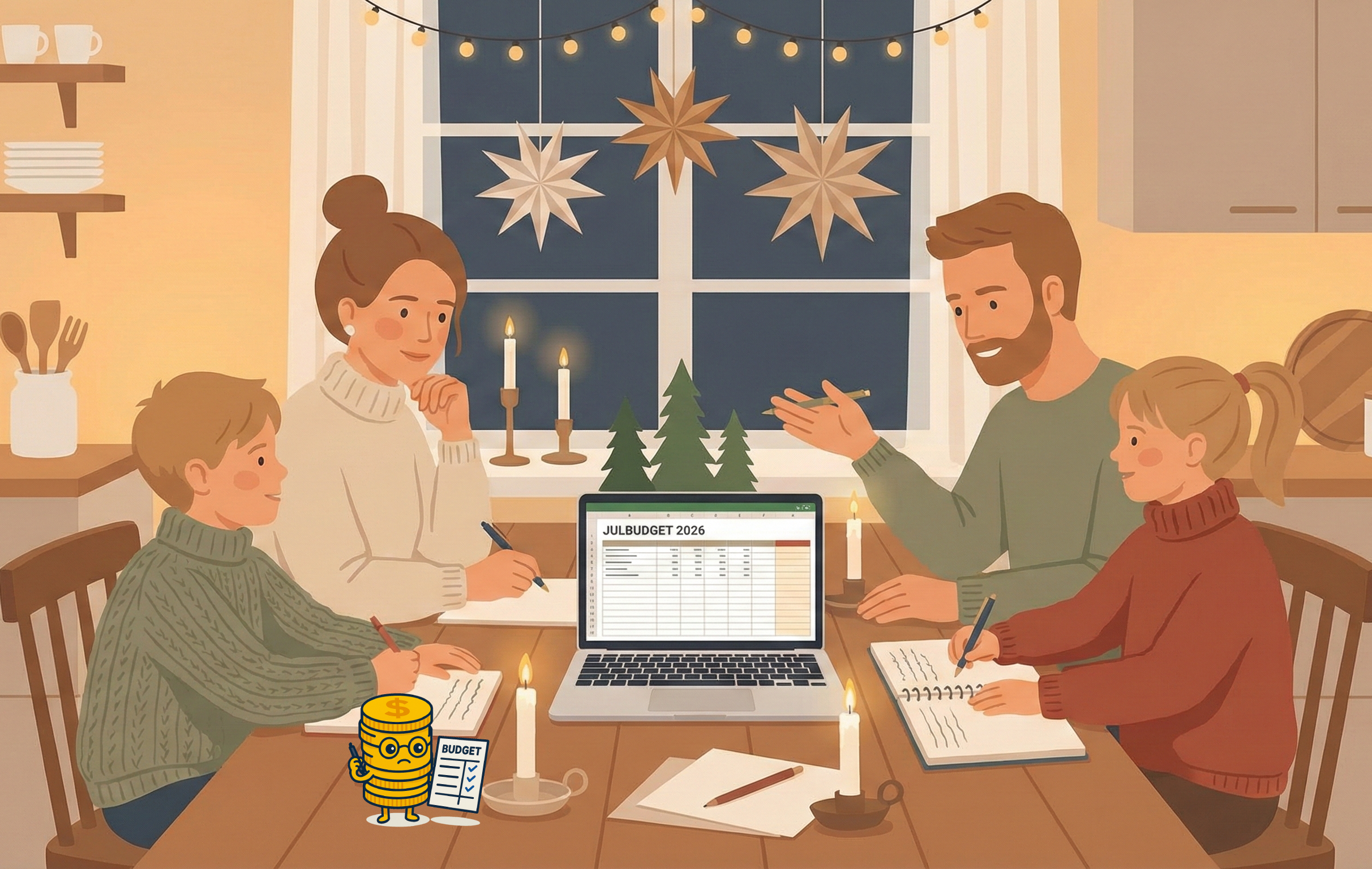 Familj som sitter vid köksbordet och planerar julbudget 2026 framför en laptop med enkel juldekoration i bakgrunden.