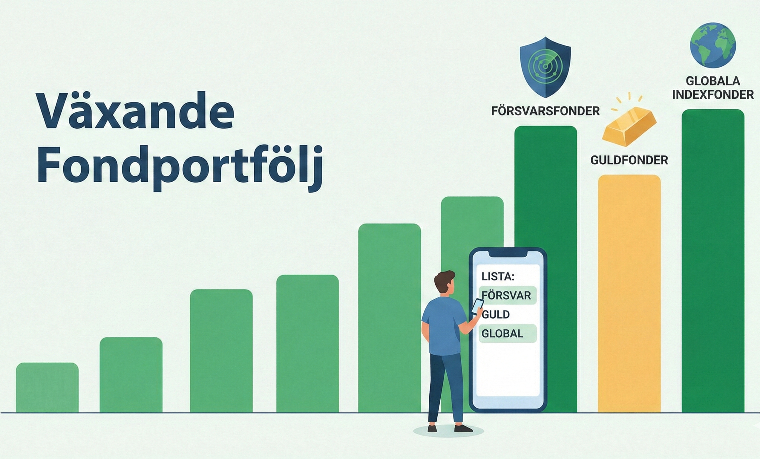 Illustration av fonder vinnare 2025 med stapeldiagram där försvarsfonder, guldfonder och globala indexfonder sticker ut som årets bästa.