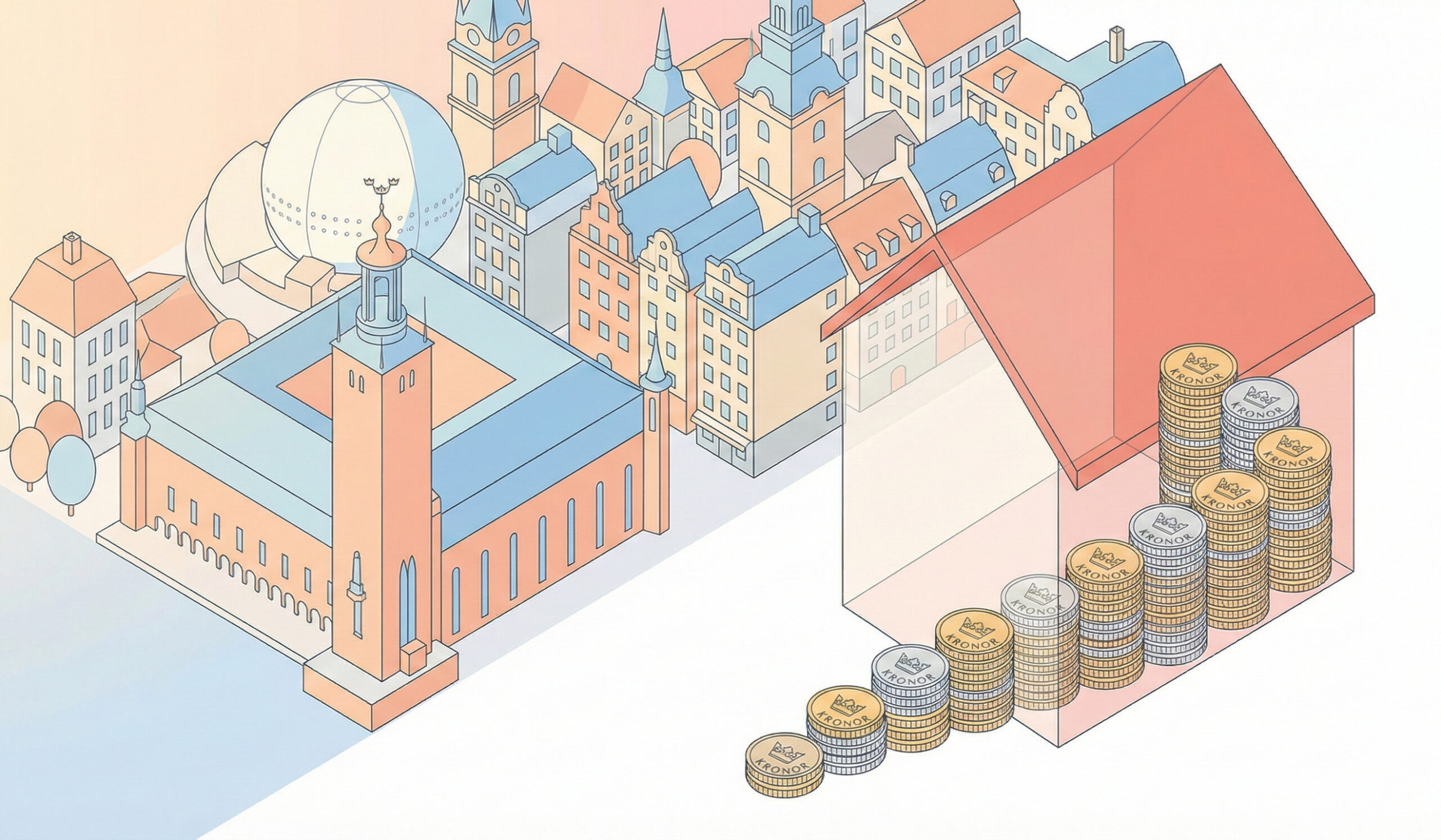 Illustration av ett hus som fylls med mynt som en trappa, symbol för att spara till kontantinsats.