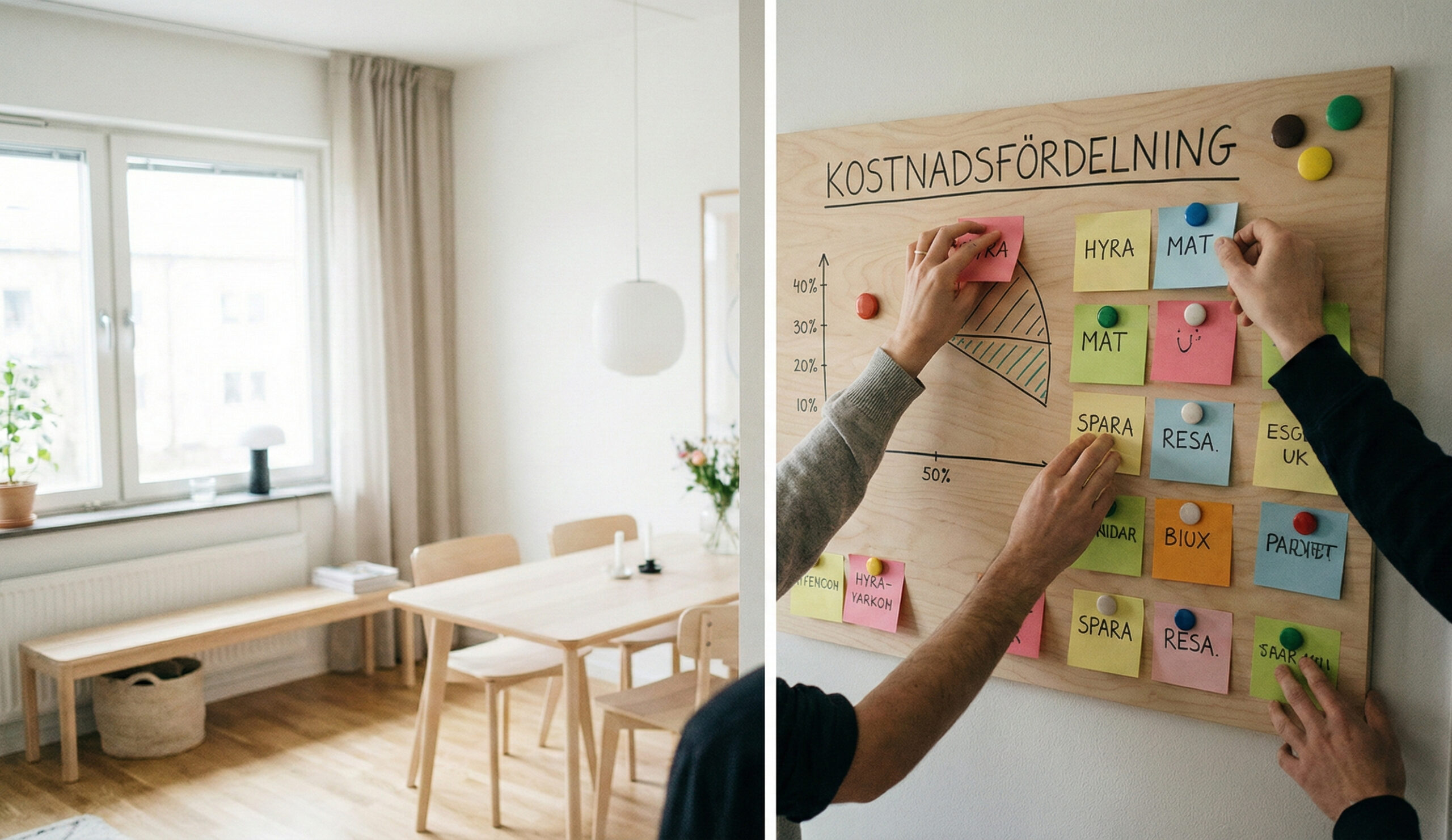 Anslagstavla med post-its där ett sambopar planerar rättvis fördelning av gemensamma kostnader.