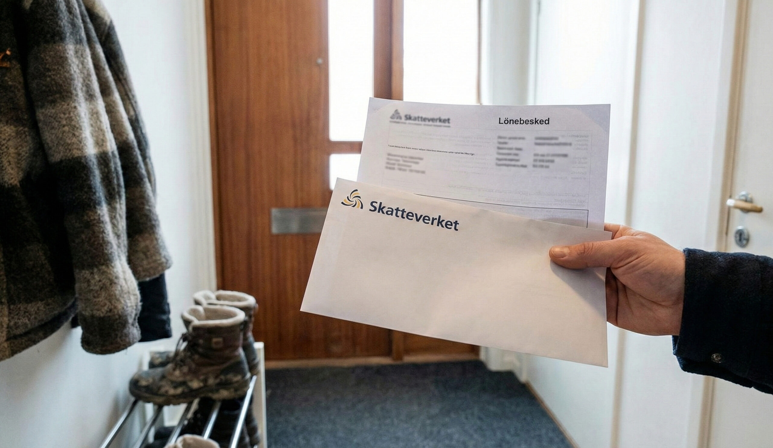 Hand som håller ett brev från Skatteverket och ett lönebesked i en hall.