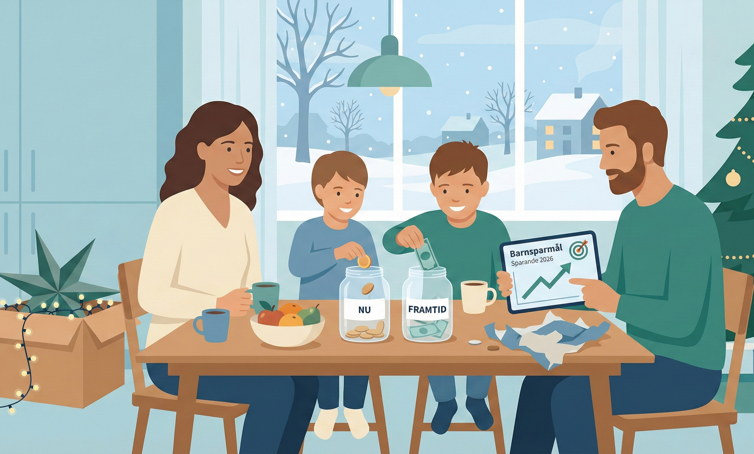 Familj som använder barns julklappspengar till sparande genom att dela upp pengar mellan nutid och framtid vid köksbordet i januari 2026.
