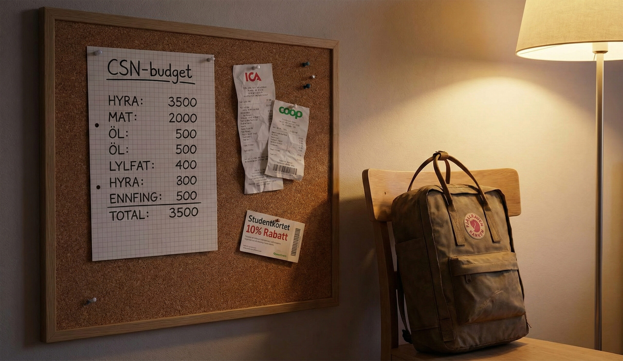 Handskriven CSN-budget på papper i ett studentrum med kvitton och studentrabatt.