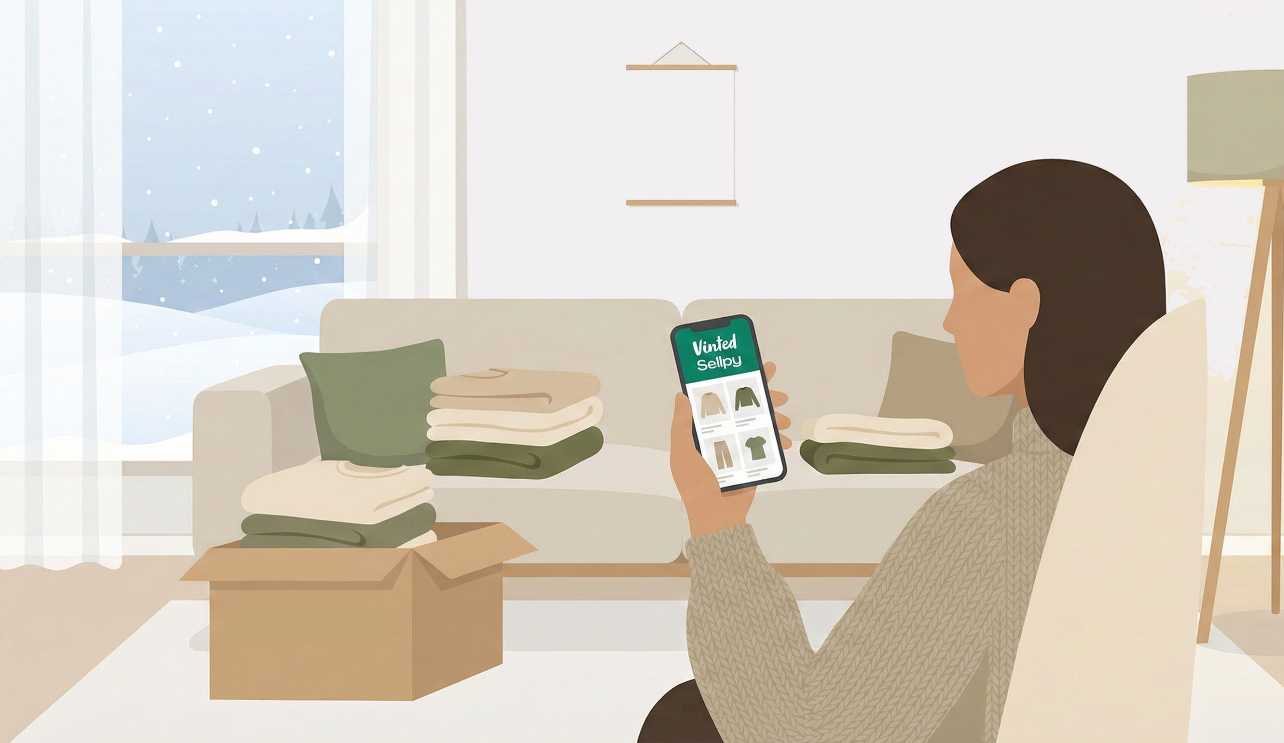 Person som använder mobil för att köpa och sälja begagnade kläder via Vinted och Sellpy för att spara pengar 2026.
