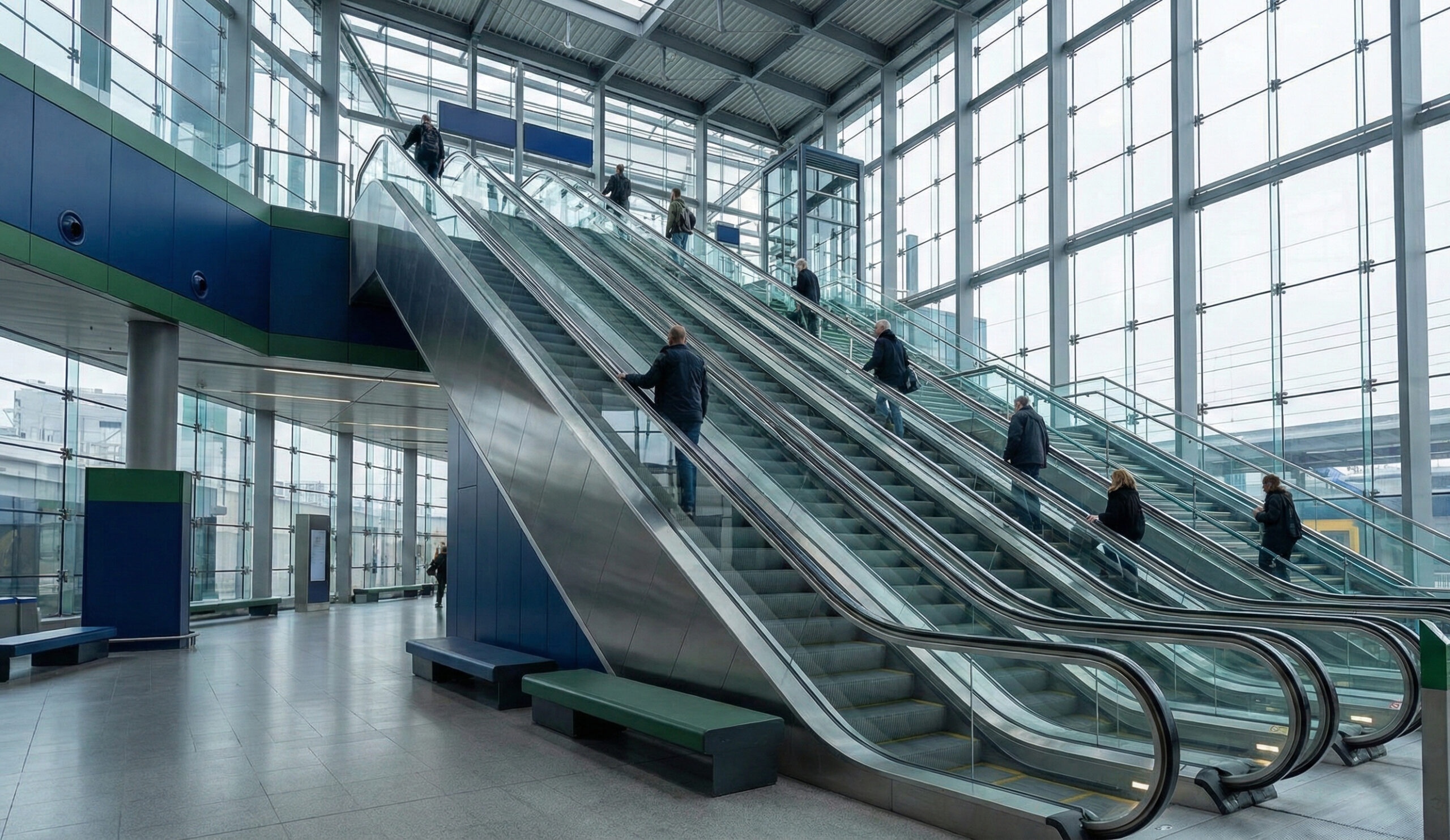 Två rulltrappor i en ljus stationshall som symboliserar ett val mellan avanza och nordnet.