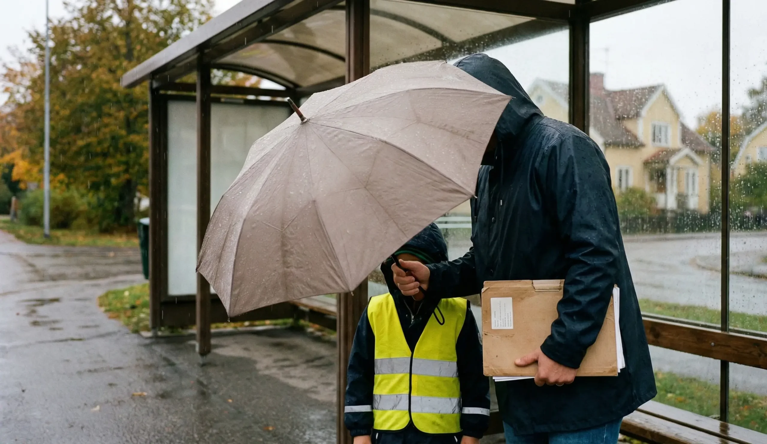 Förälder håller paraply över barn vid busshållplats som symbol för barnförsäkring
