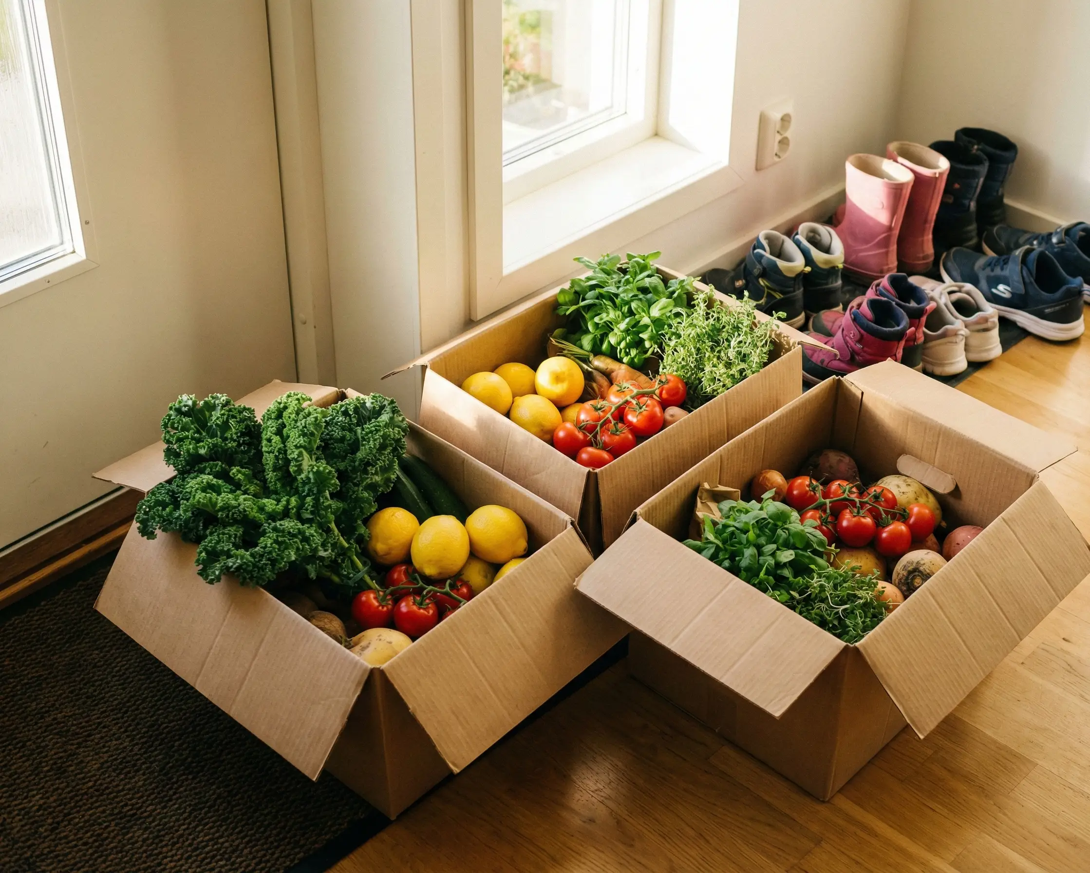 Tre matkassar vid ytterdörren med färska råvaror som sticker upp ur kartonglådorna