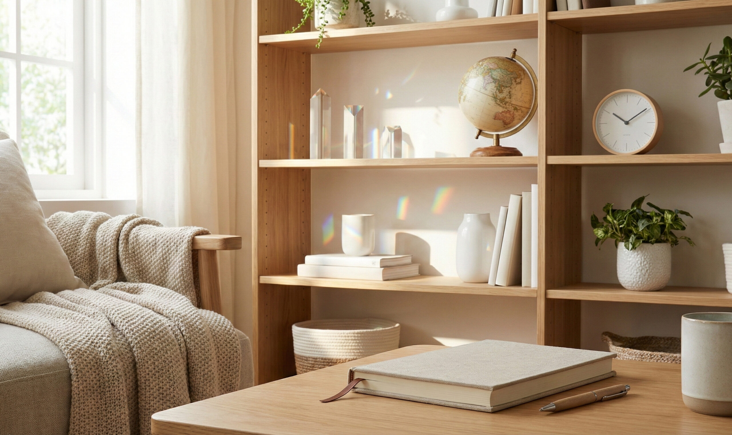 Bokhylla med jordklot och glasprismor som symboliserar strategi och olika börsscenarier under 2026.