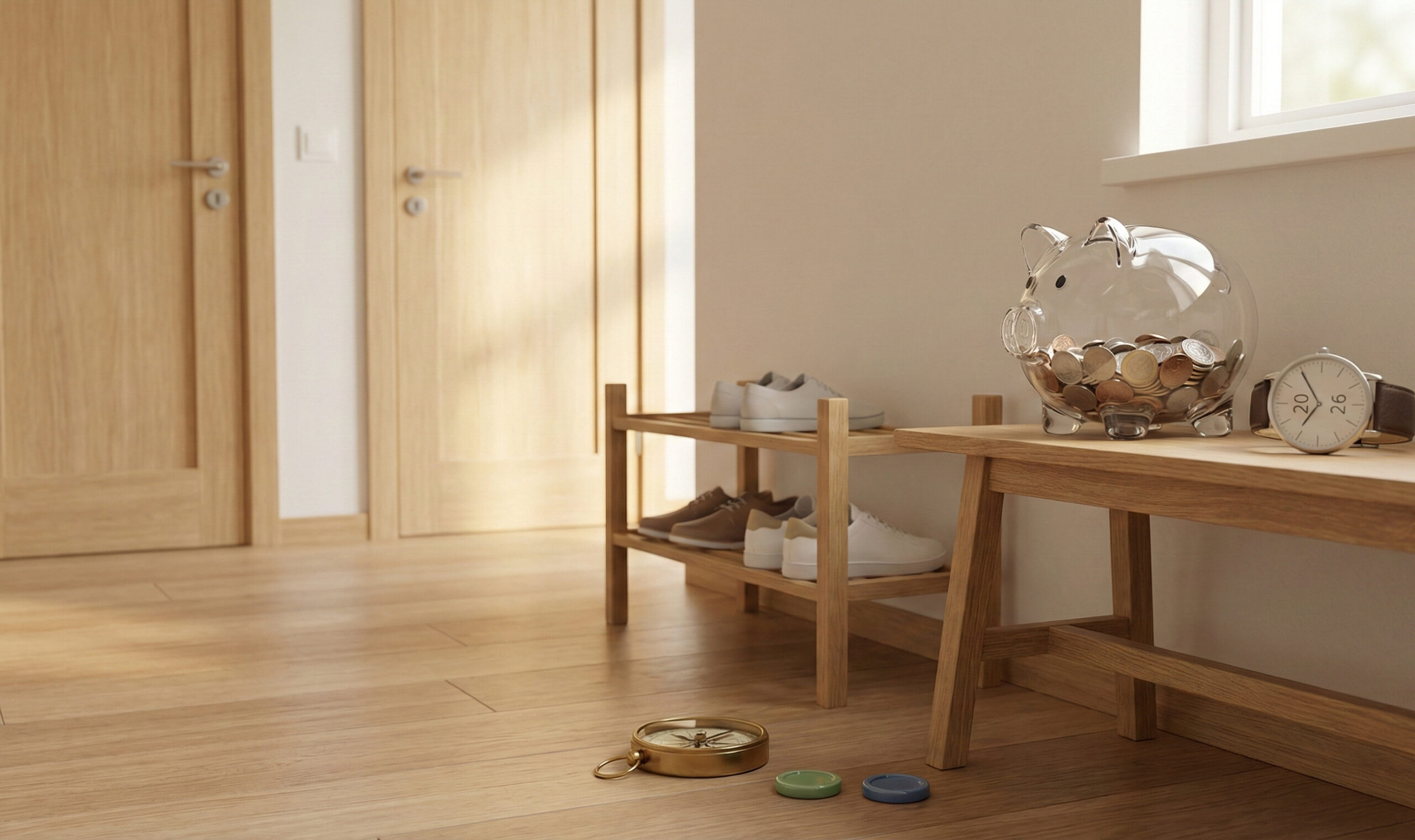 Glasspargris och klocka som visar 2026 i en ljus hall som symboliserar valet mellan två fondrobotar.