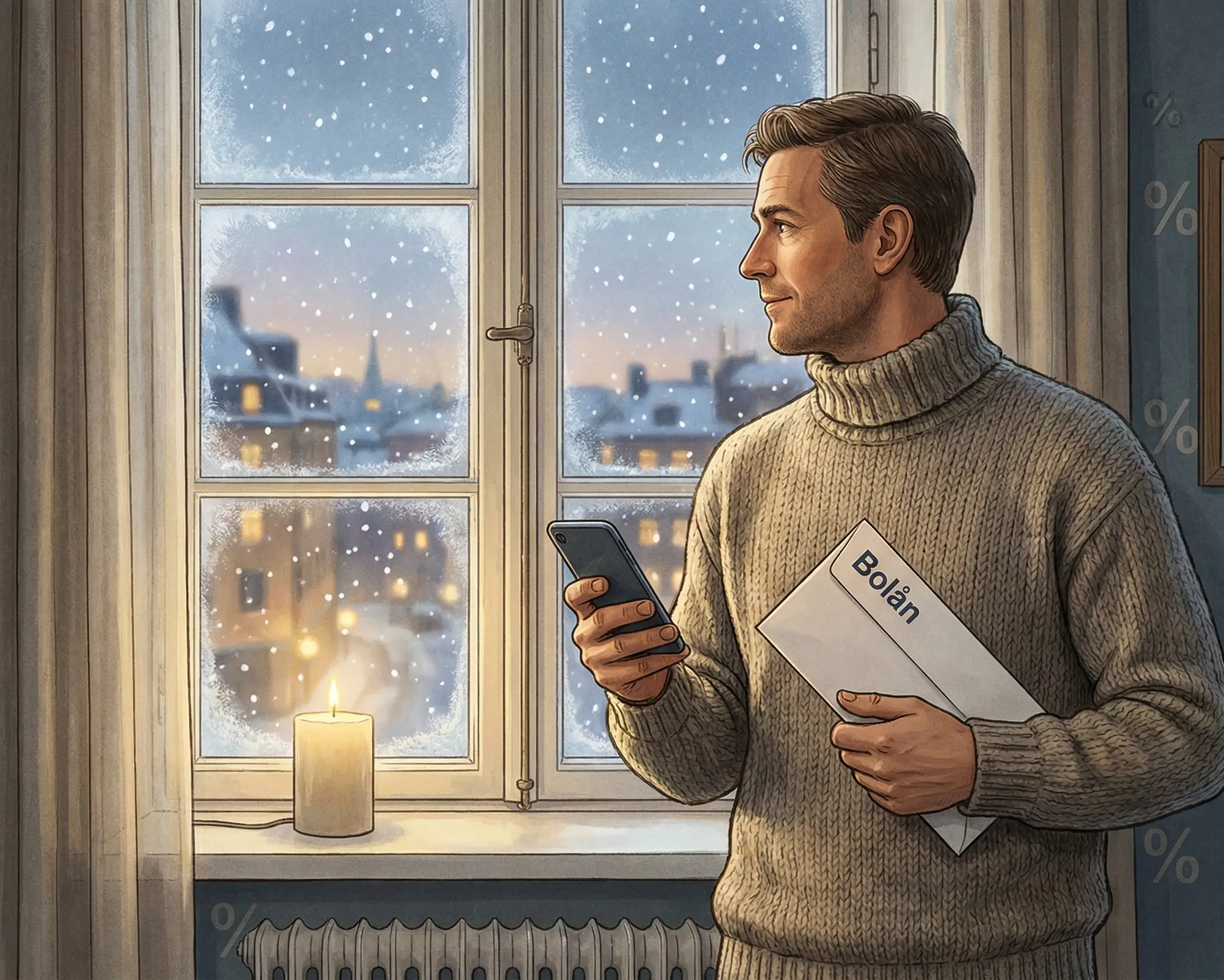 Person förhandlar bolåneränta via telefon hemma en vintermorgon.