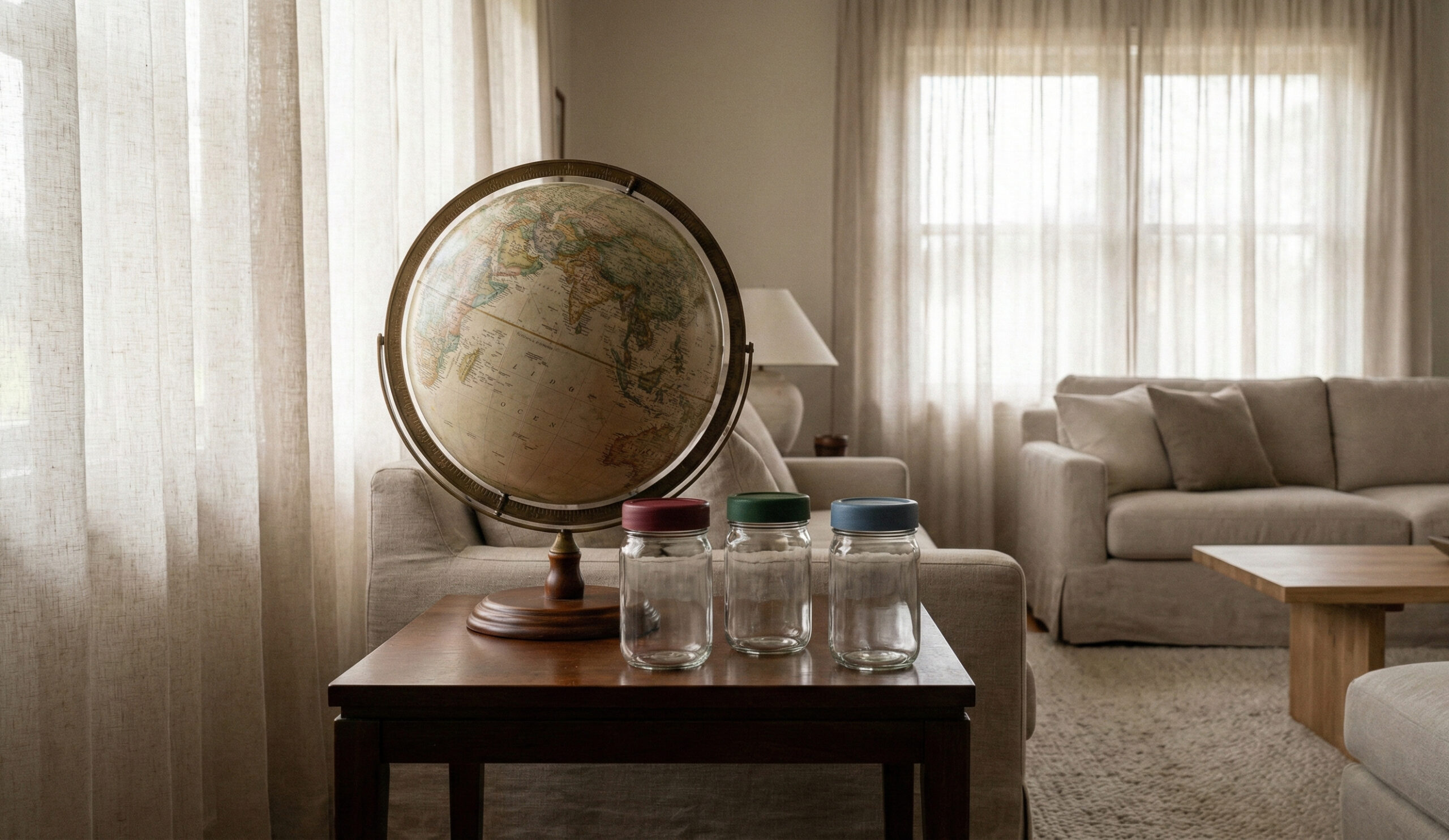 Jordglob i vardagsrum med tre glasburkar som symboliserar fondval.