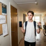 Student i korridor med sprucken mobil och cykel, behov av hemförsäkring med drulle.