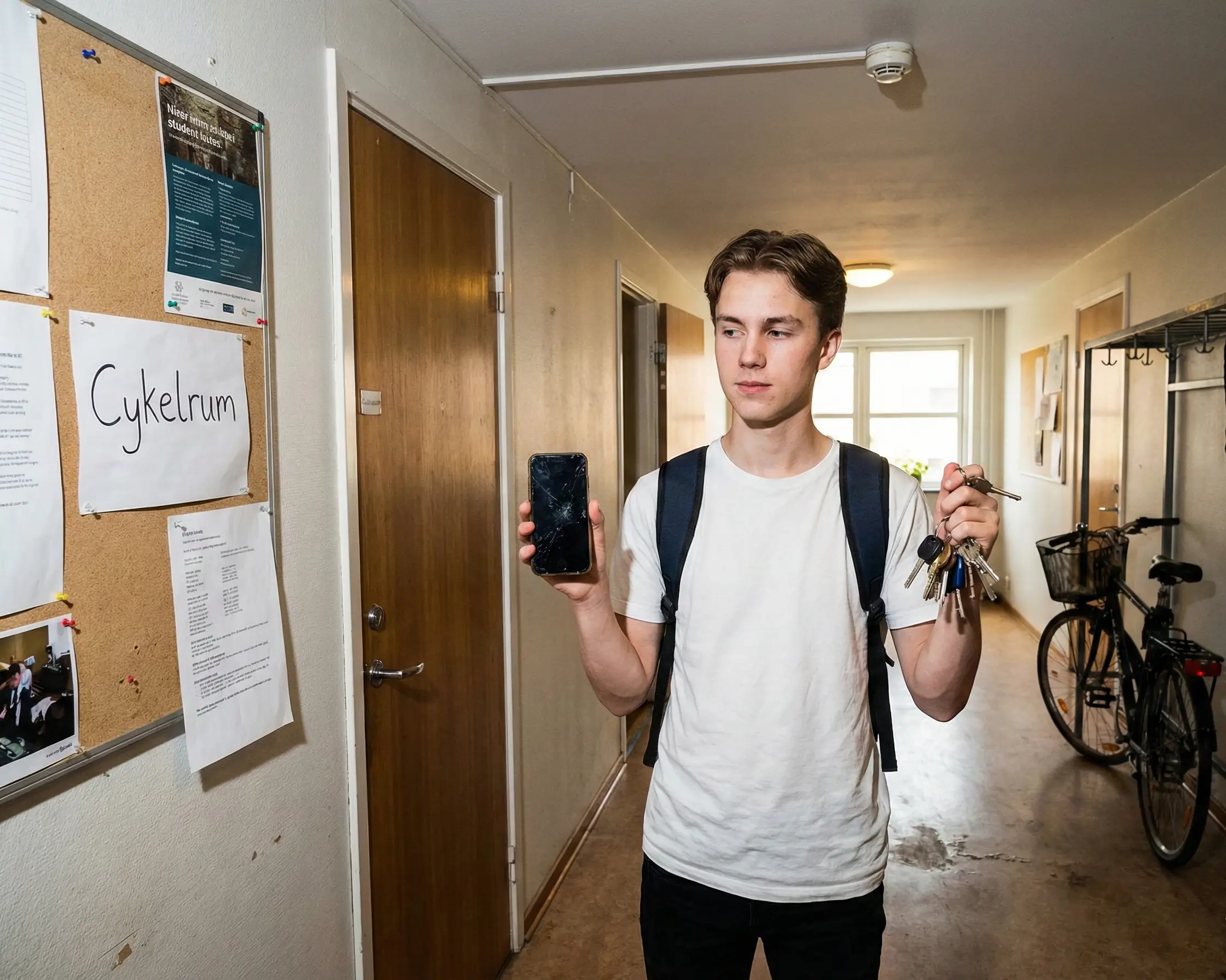 Student i korridor med sprucken mobil och cykel, behov av hemförsäkring med drulle.