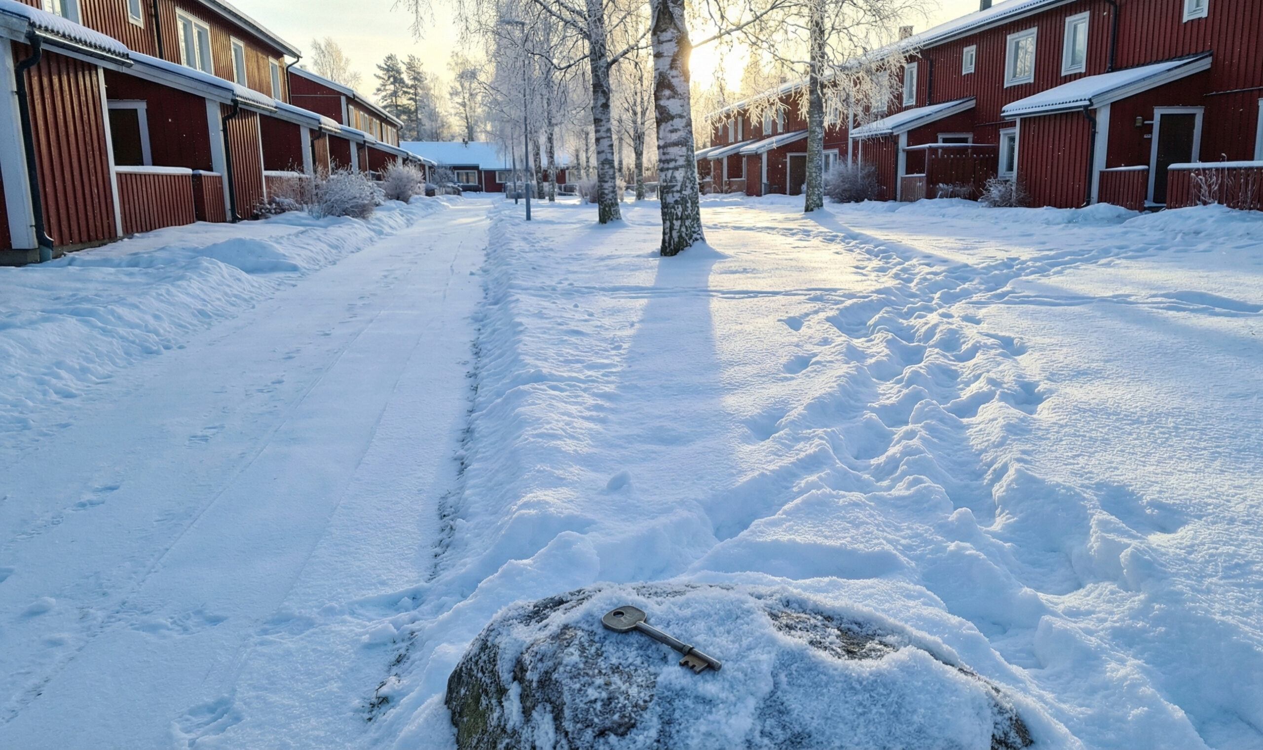 Två snöiga gångvägar vid ett vägskäl med en husnyckel i förgrunden som symboliserar valet mellan rörlig och bunden bolåneränta.
