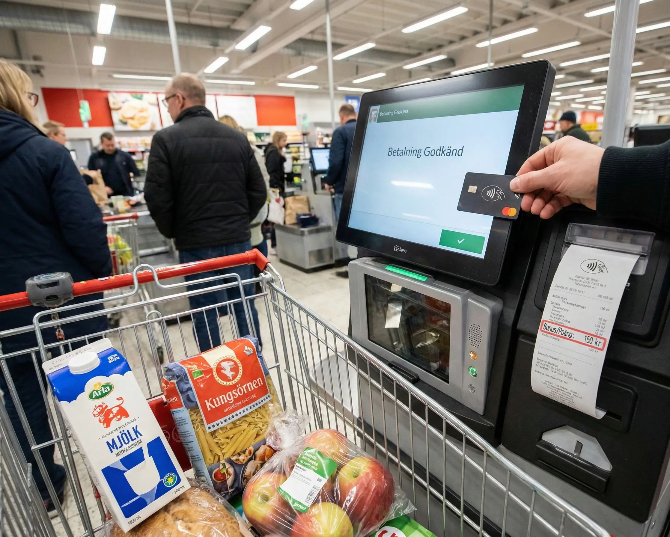 Betalkort används i matbutik och kvitto visar bonuspoäng.