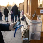 Förälder jämför knappmobil och GPS-klocka utanför skolan efter mobilförbud.